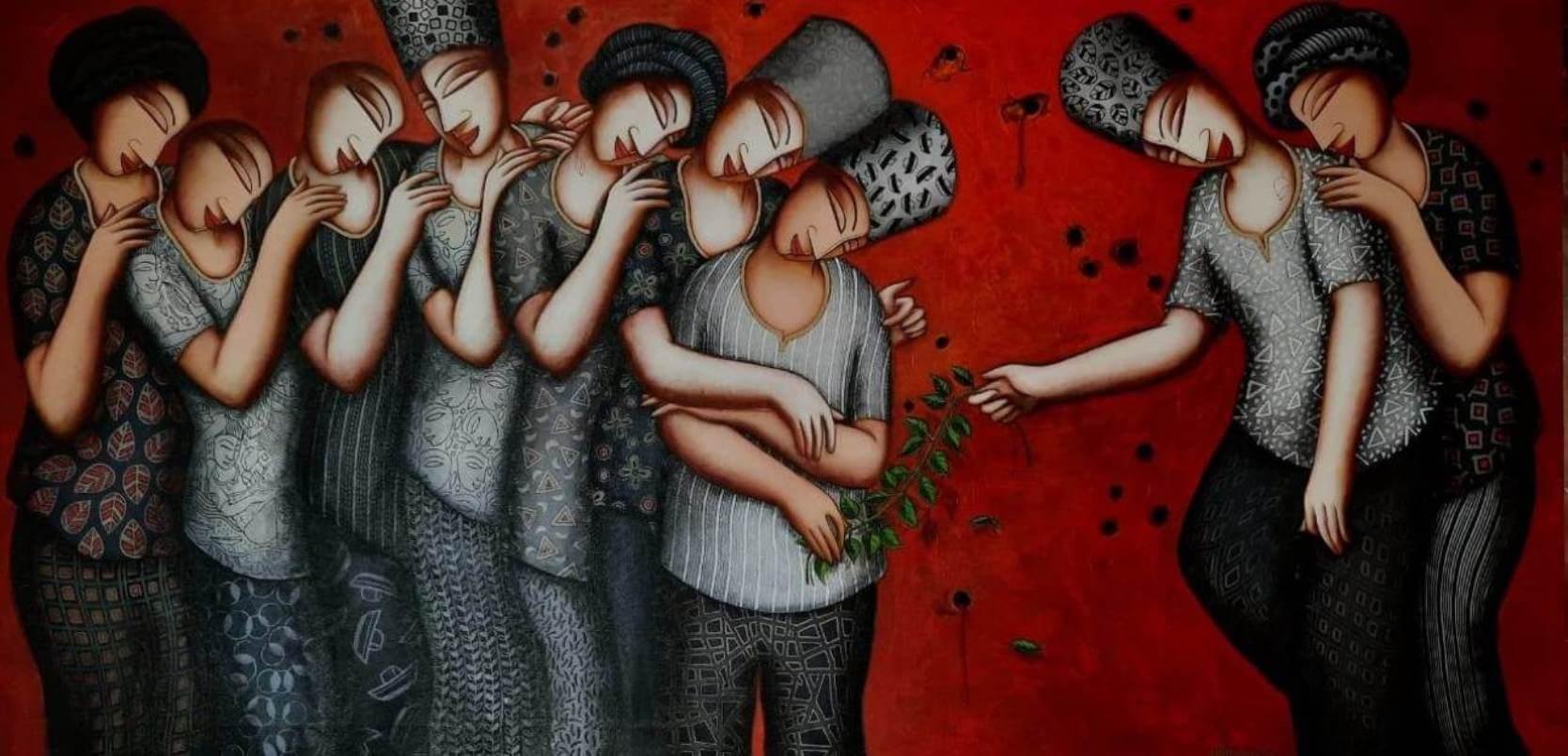 Sans titre, figuratif, acrylique sur toile, vert, jaune de l'artiste indien, en stock