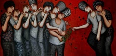 Sin título, figurativo, acrílico sobre lienzo, verde, amarillo by Indian Artist-In Stock