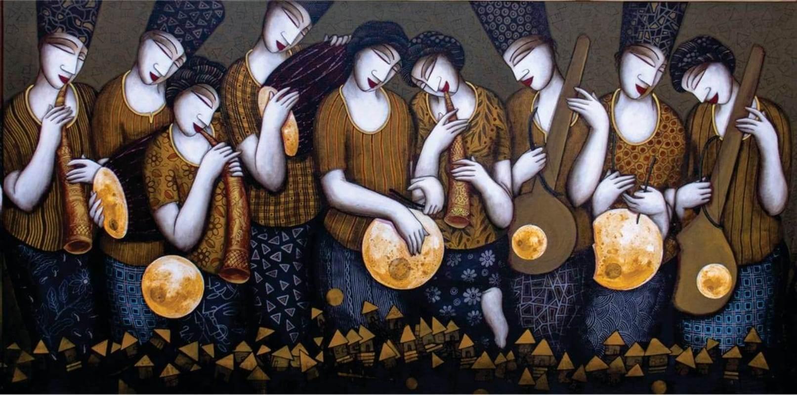 Sans titre, figuratif, acrylique sur toile, vert, jaune de l'artiste indien, en stock