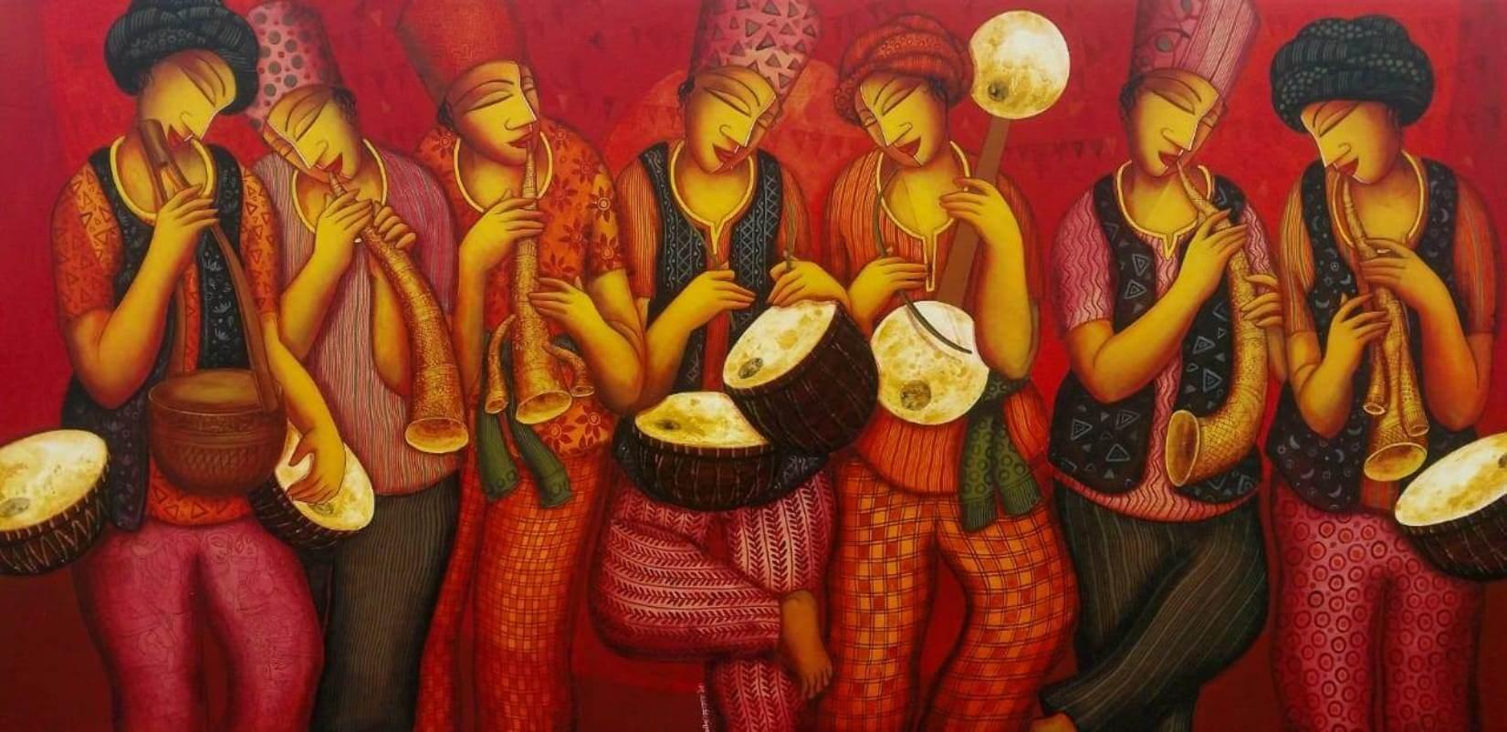 Sans titre, figuratif, acrylique sur toile, vert, jaune de l'artiste indien, en stock