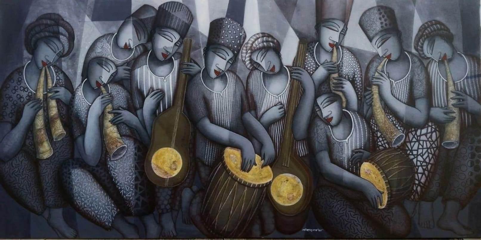 Sans titre, figuratif, acrylique sur toile, vert, jaune de l'artiste indien, en stock