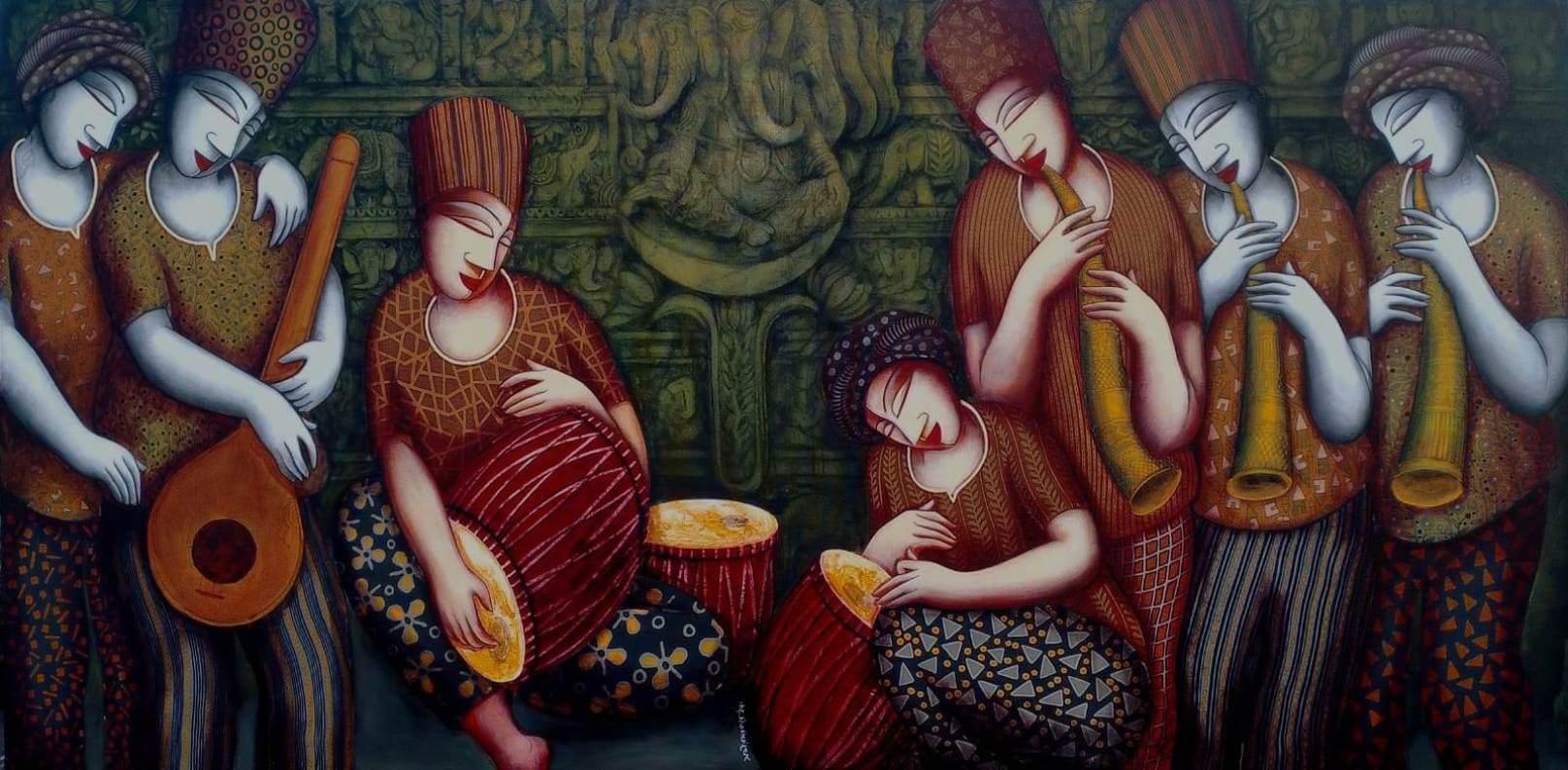 Sans titre, figuratif, acrylique sur toile, vert, jaune de l'artiste indien, en stock