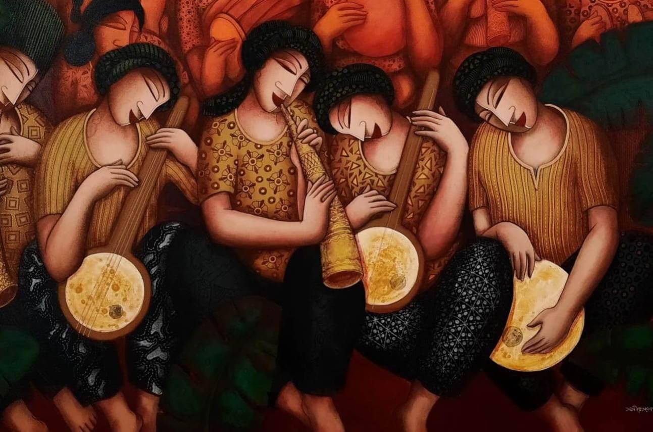 Sans titre, figuratif, acrylique sur toile, vert, jaune de l'artiste indien, en stock
