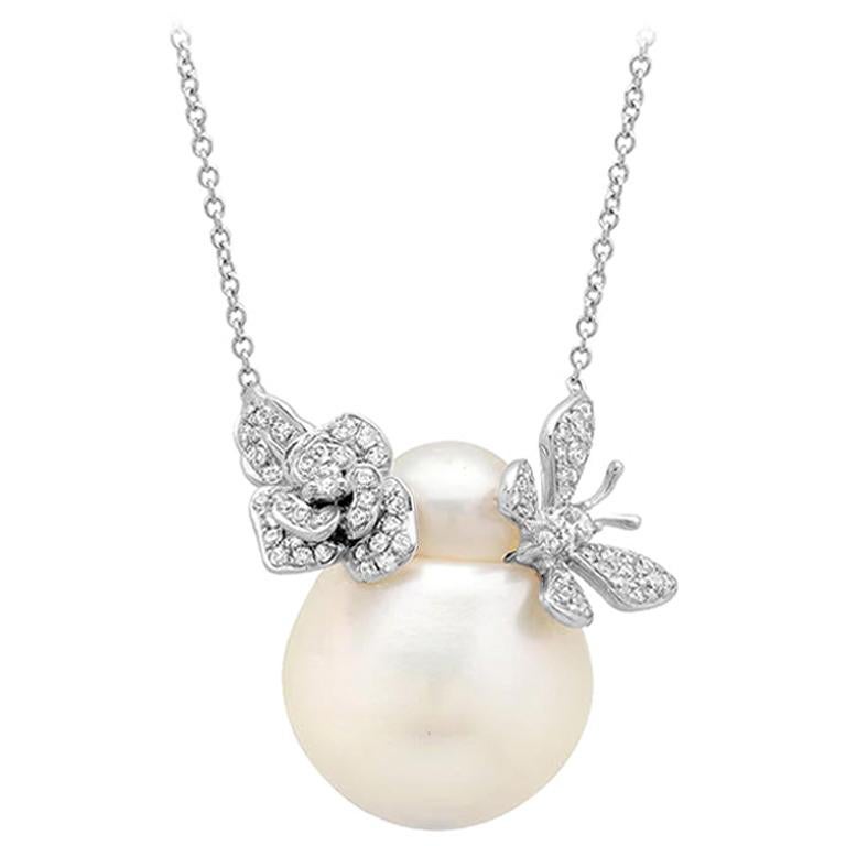 Samira 13 Australian Pearl Diamond Rose and Butterfly 18 Karat Gold Necklace For Sale