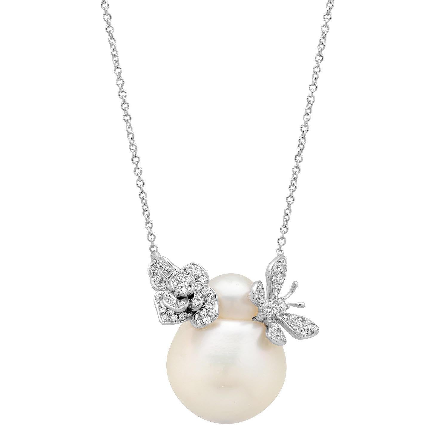 Contemporary Samira 13 Australian Pearl Diamond Rose and Butterfly 18 Karat Gold Necklace For Sale