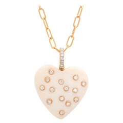 Samira 13 Diamond Bezel Carved Bone Heart Pendant 18k Paperclip Chain Necklace
