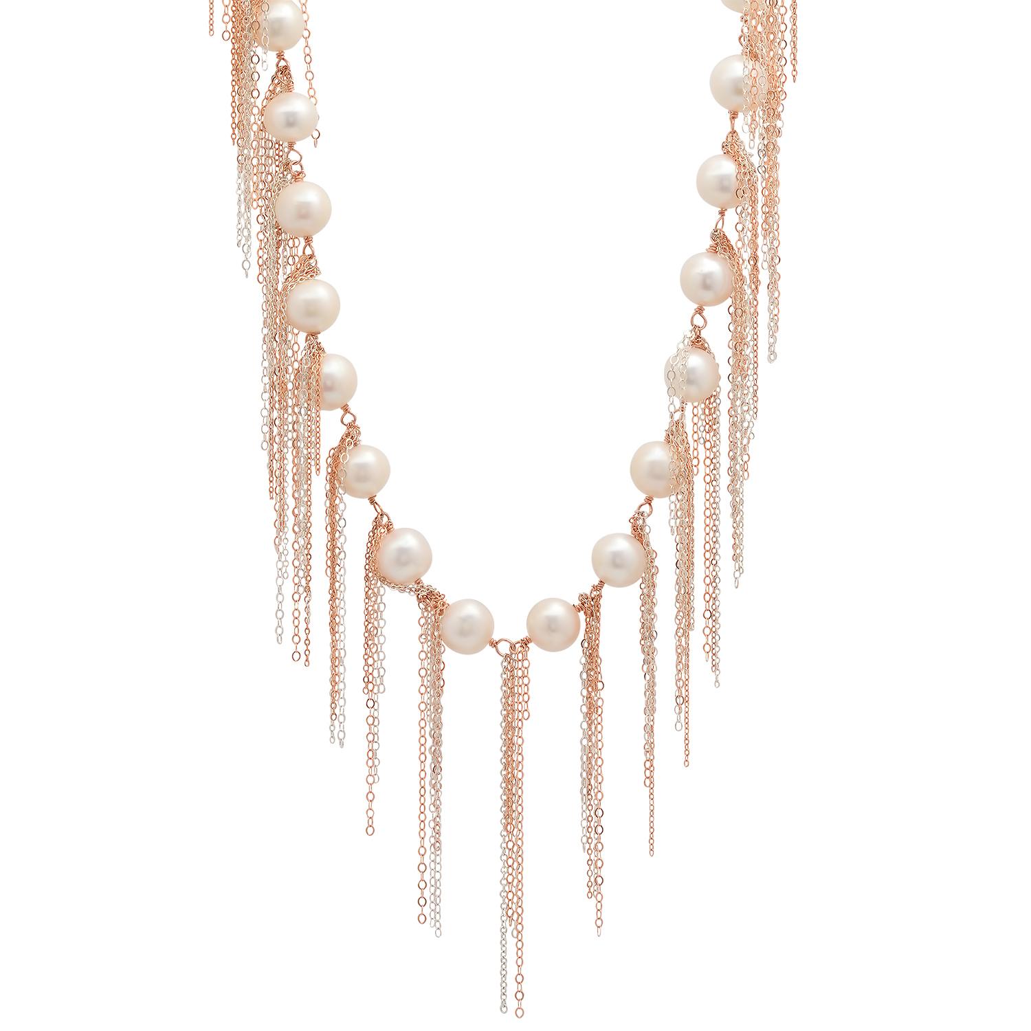 Signature White freshwater pearl fringe necklace by Los Angeles based fine jewelry designer, Samira 13. Sterling sliver and Rose Gold filled chain. Can be worn many ways. 62