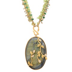 Samira 13 Labradorite Diamond Vine 18 Karat Pendant Beaded Multi Chain Necklace