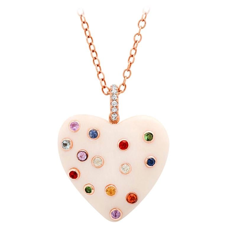 Samira 13 Rainbow Sapphire Bezel Bone Heart 18 Karat Rose Gold Chain Necklace  For Sale