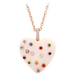 Samira 13 Rainbow Sapphire Bezel Bone Heart 18 Karat Rose Gold Chain Necklace 