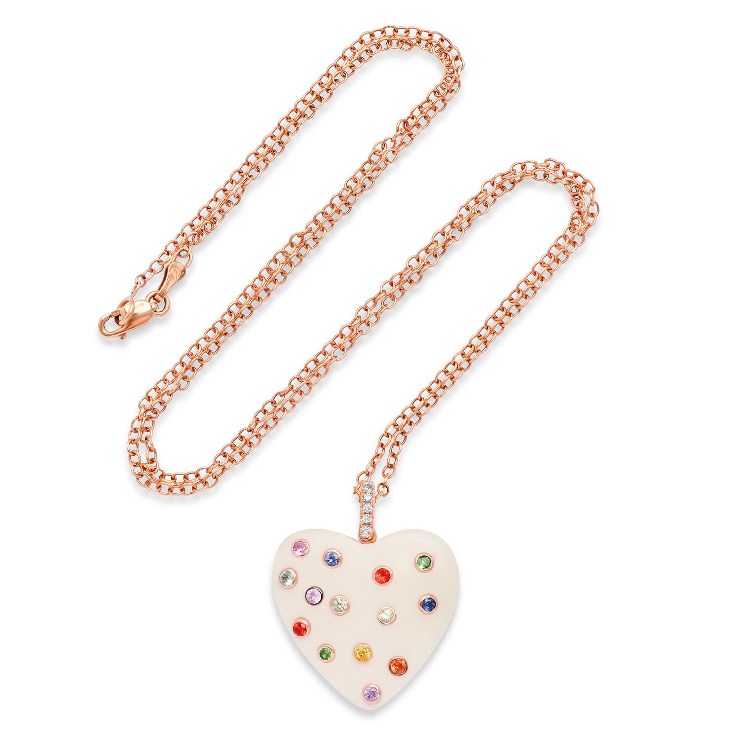 Contemporary Samira 13 Rainbow Sapphire Bezel Bone Heart 18 Karat Rose Gold Chain Necklace  For Sale