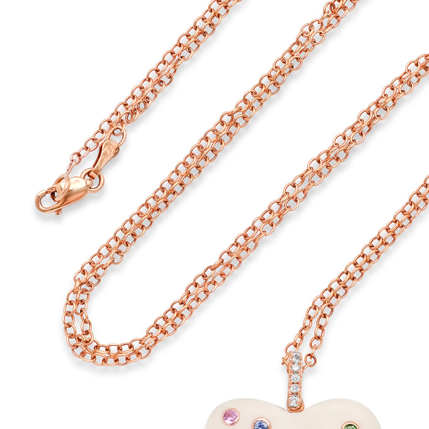 Round Cut Samira 13 Rainbow Sapphire Bezel Bone Heart 18 Karat Rose Gold Chain Necklace  For Sale