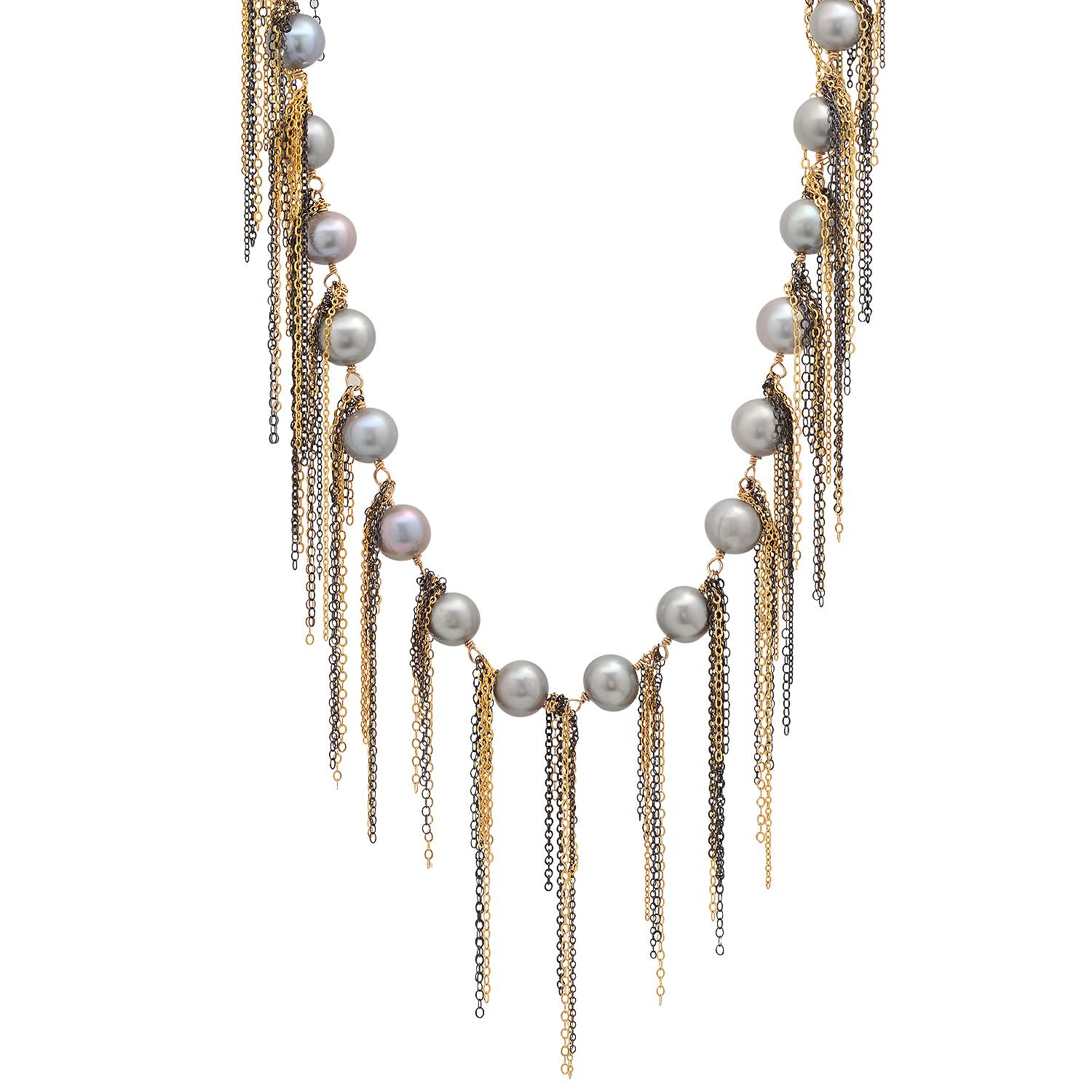 Signature silver freshwater pearl fringe necklace by Los Angeles based fine jewelry designer, Samira 13. Sterling silver, oxidized and gold filled chain. Can be worn many ways. 62