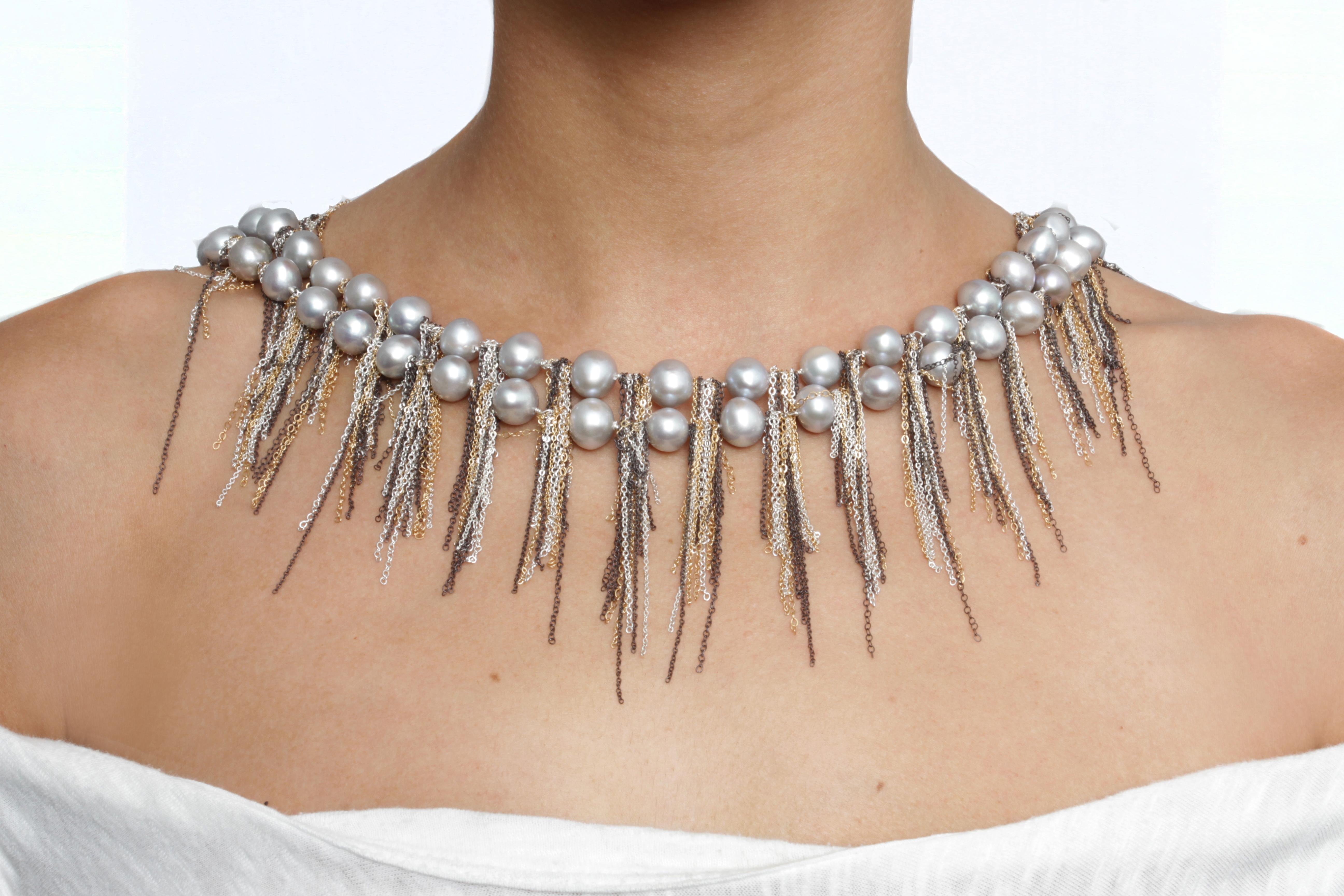 Samira 13 Silver Freshwater Pearl Fringe Layering Necklace In New Condition For Sale In West Hollywood, CA
