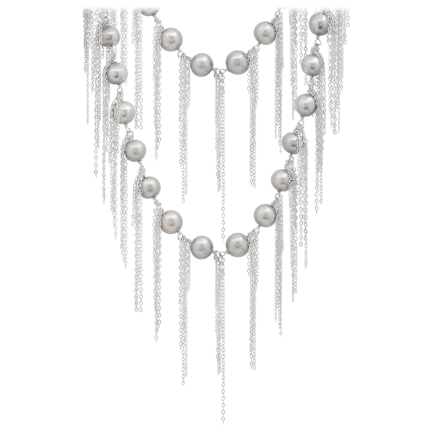 Samira 13 Silver Freshwater Pearl Fringe Layering Necklace For Sale