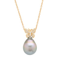 Samira 13 Tahitian Pearl Diamond Butterfly 18 Karat Yellow Gold Necklace