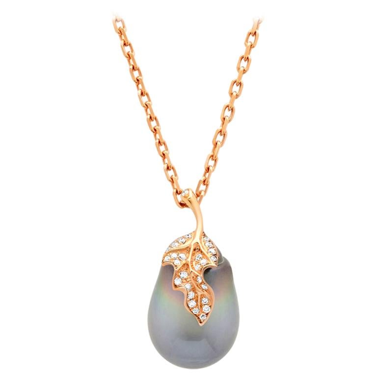 Samira 13 Tahitian Pearl Diamond Leaf 18 Karat Rose Gold Chain Necklace For Sale