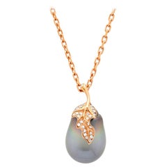 Samira 13 Tahitian Pearl Diamond Leaf 18 Karat Rose Gold Chain Necklace