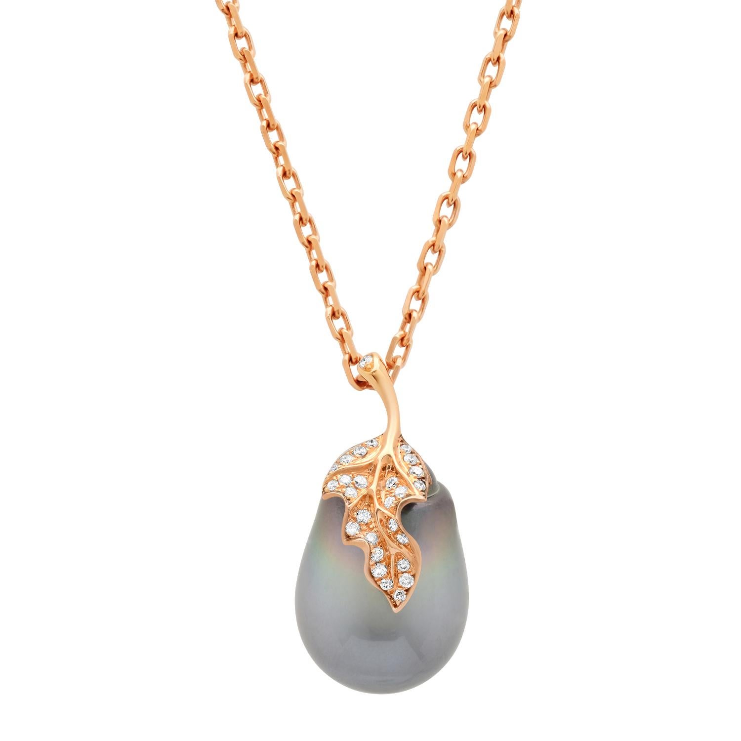 Unique Tahitian pearl pendant by Samira 13 Jewelry on 22 inch 18k rose gold chain with white diamond leaf accent.

Exploring the unique and varied aspects of pearls is the cornerstone of Samira 13 Jewelry.
Founder/designer Samira Sizdahkhani