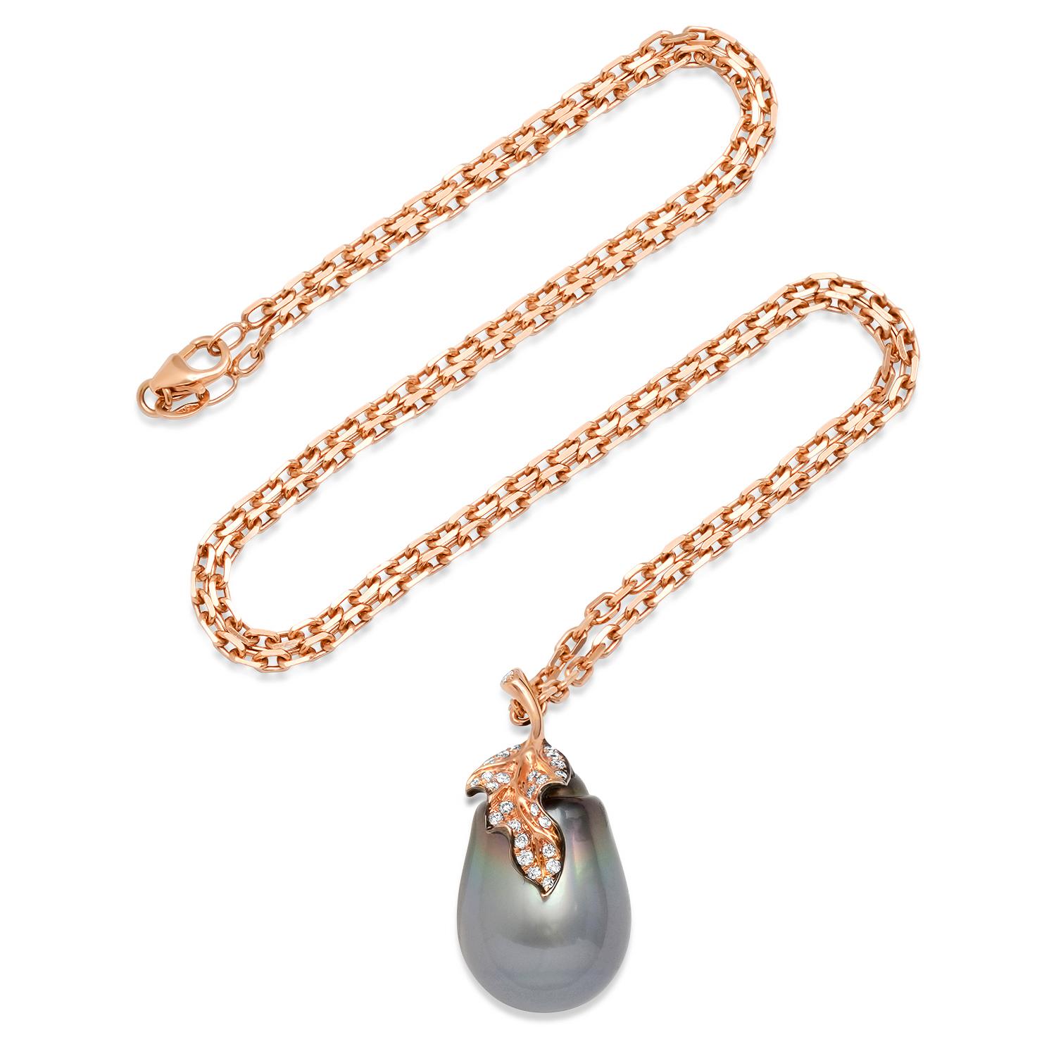 Contemporary Samira 13 Tahitian Pearl Diamond Leaf 18 Karat Rose Gold Chain Necklace For Sale