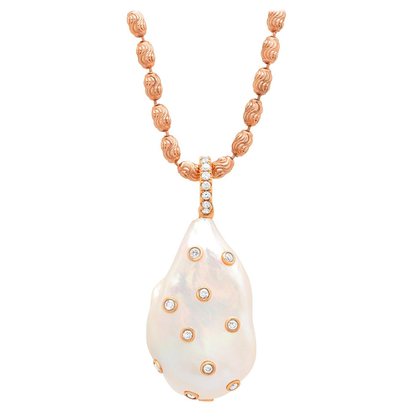 Samira 13 White XL Baroque Freshwater Pearl Diamond Bezel 18 Karat Pendant For Sale