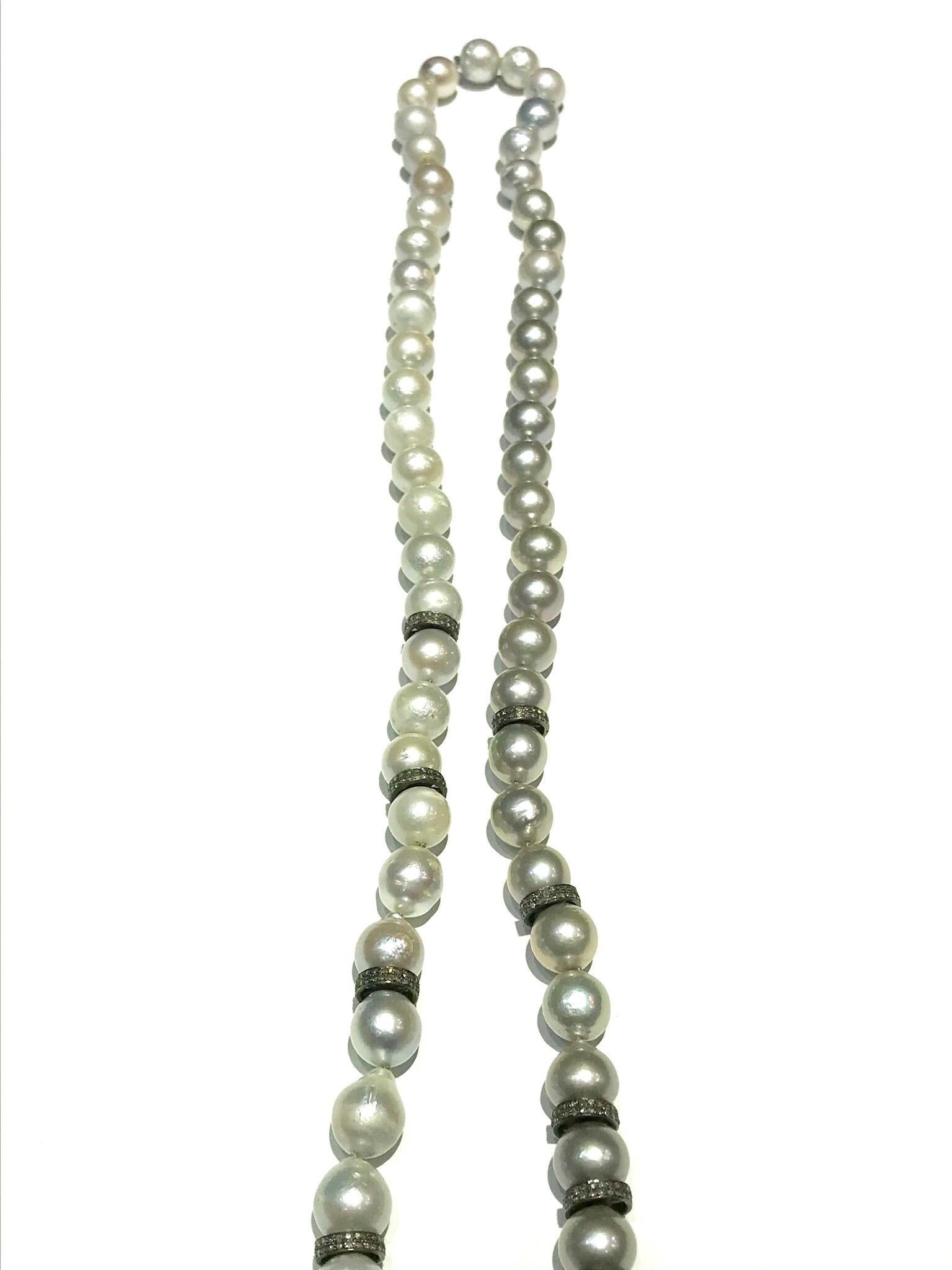 This is a perfect piece for those into fashion!  A Samira13 designed South Sea Pearl and Diamond rondelle long necklace with a silk cord tassle.  The necklace features 62 South Sea Pearls, varying in color from off white, to silver, to dark gray,