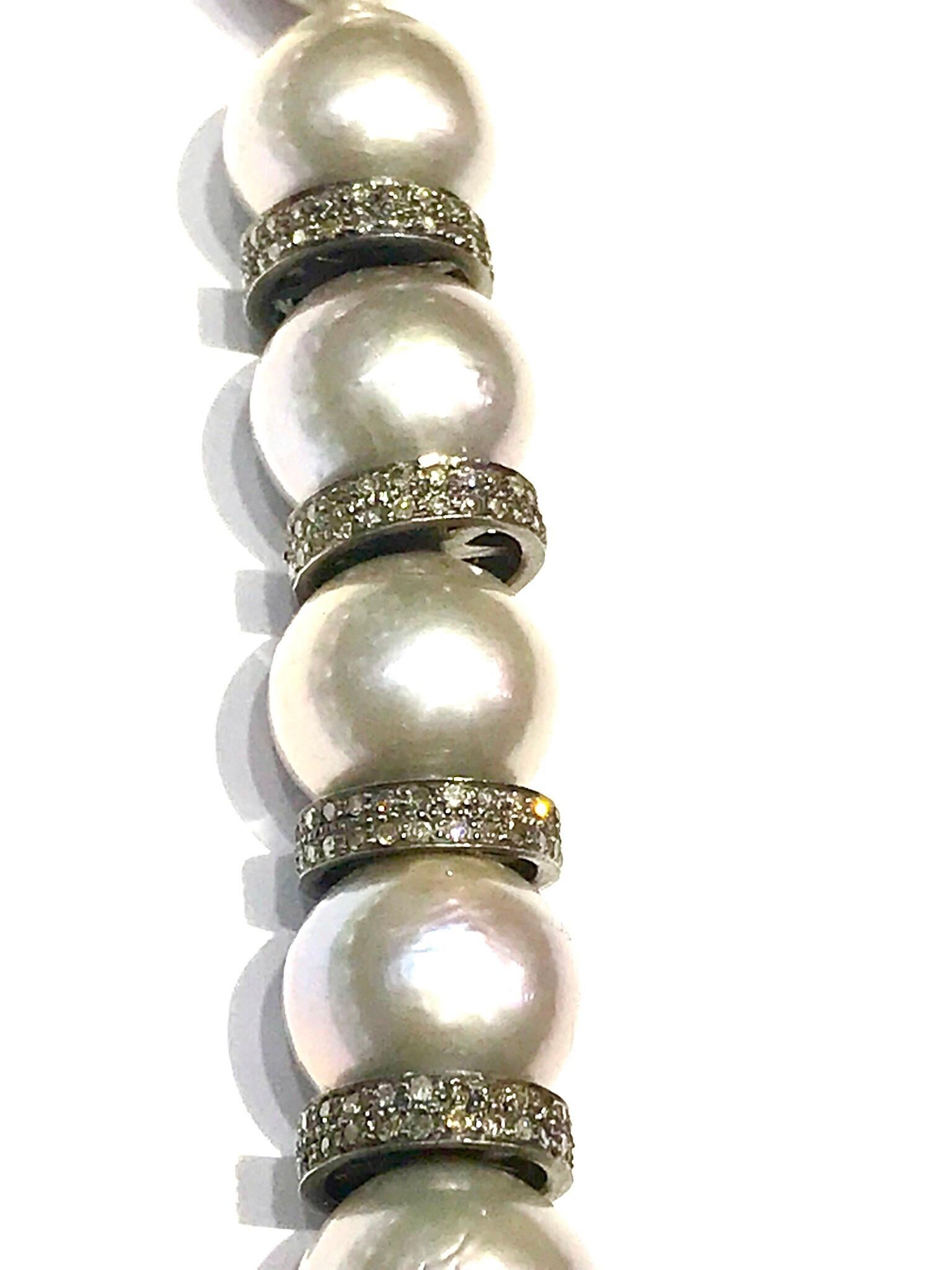 Modern Samira13 South Sea Pearl and Diamond Silk Cord Tassle Long Necklace For Sale