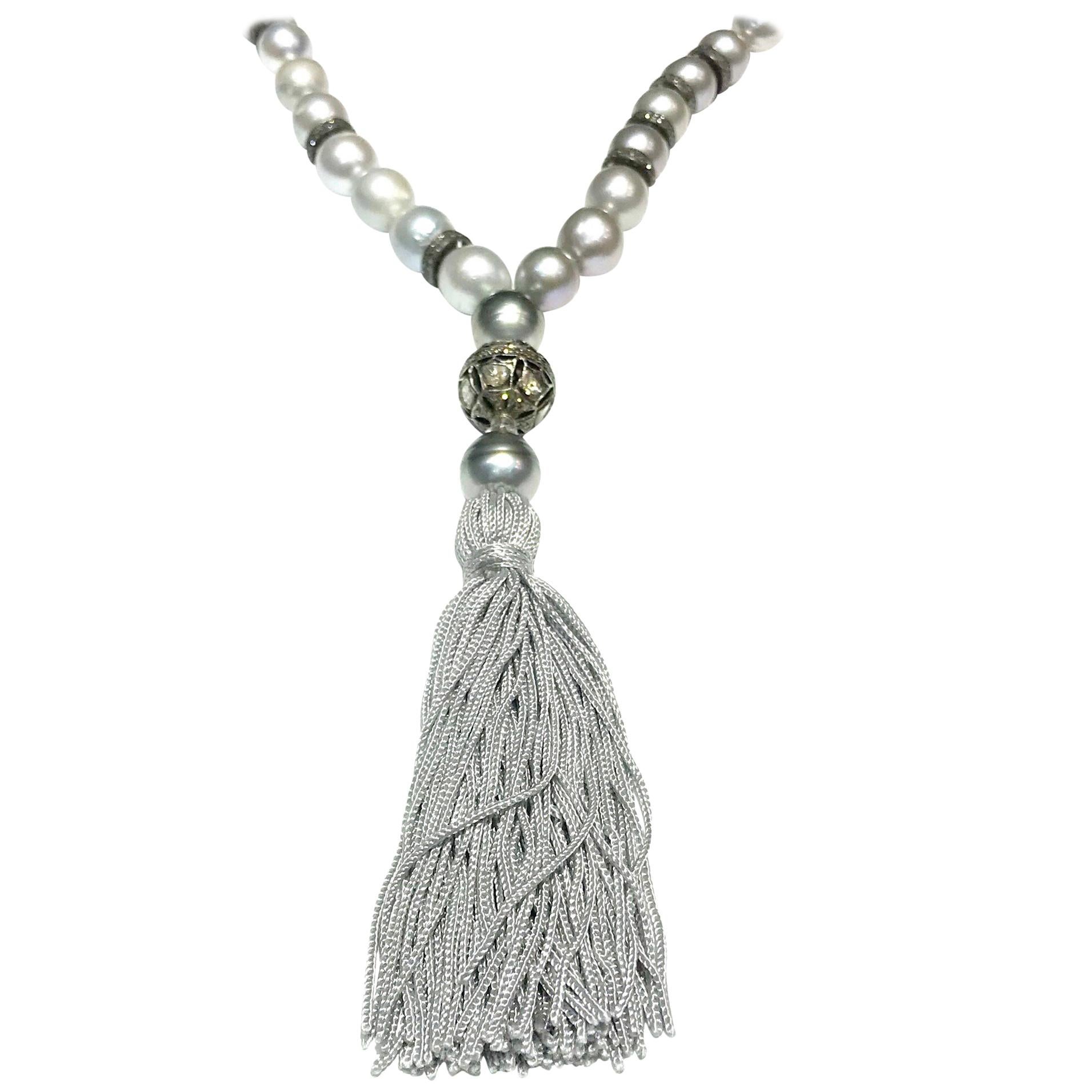 Samira13 Collar Largo de Borlas de Cordón de Seda con Perlas del Mar del Sur y Diamantes