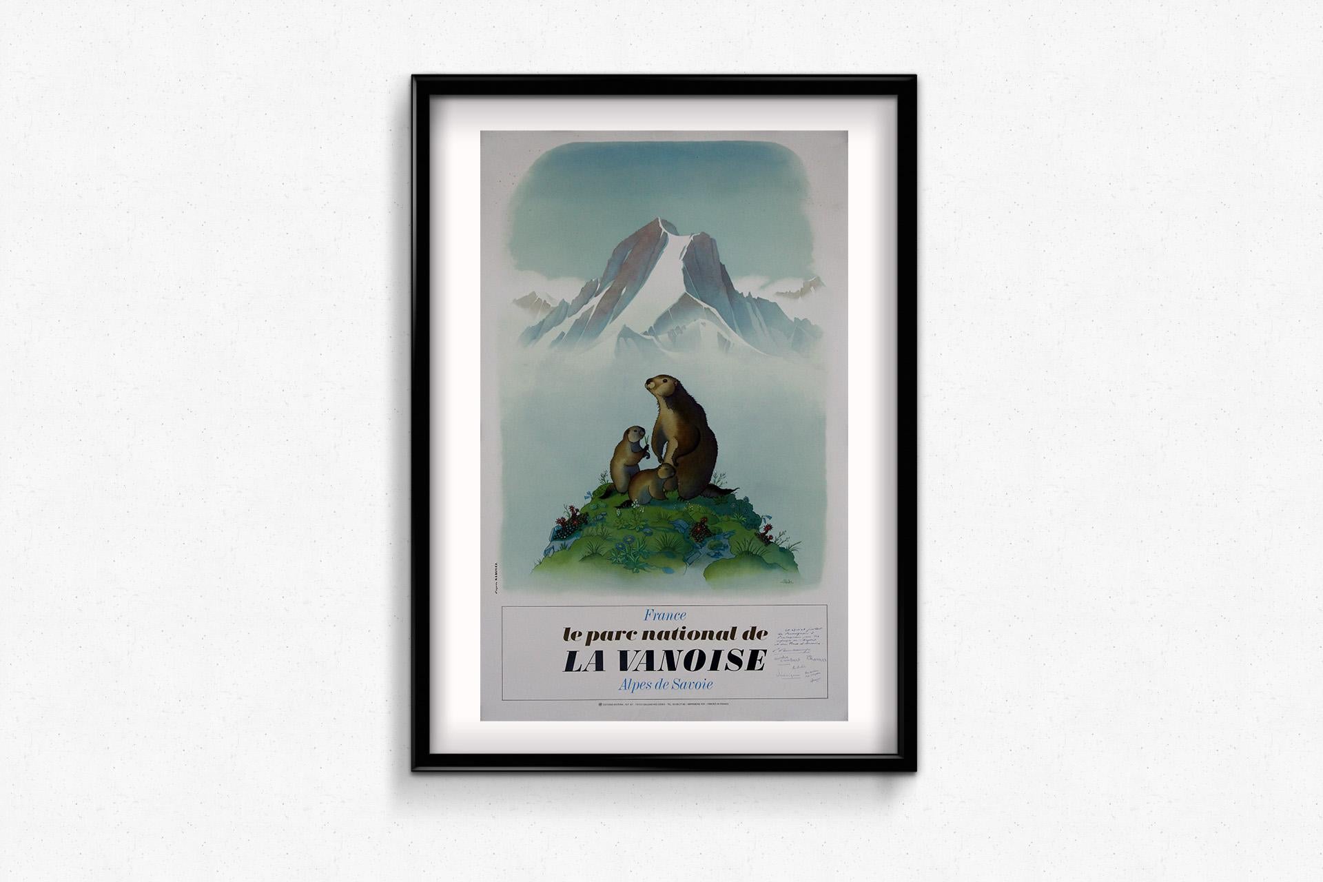 Dieses bezaubernde Originalplakat von Samivel aus dem Jahr 1975 wurde geschaffen, um für den Parc National de la Vanoise zu werben, eines der bekanntesten alpinen Schutzgebiete Frankreichs in den Alpes de Savoie. Das Werk fängt sowohl die Grandeur