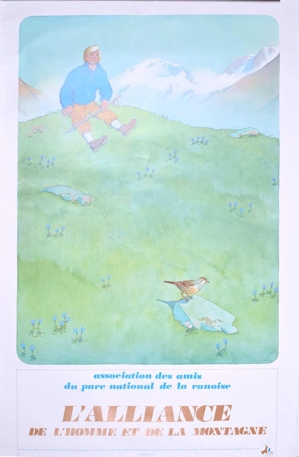 Landscape Print de Samivel Paul Gayet-Tancrède  - 'L'alliance de l'homme et de la montagne', cartel original de esquí de Samivel