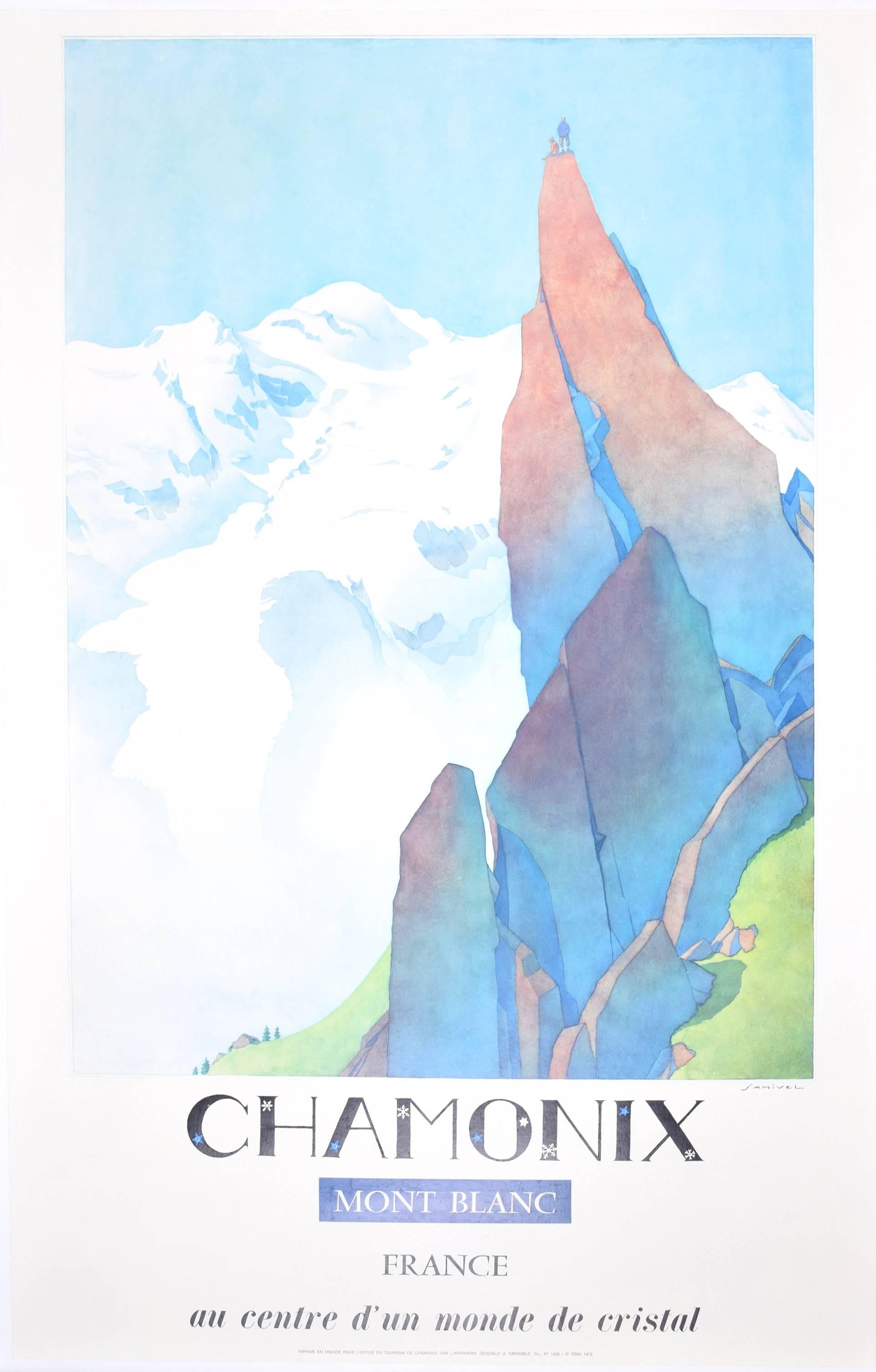 Samivel Paul Gayet-Tancrède  Landscape Print - Samivel - Original Ski Climbing Poster: Chamonix Mont Blanc France Aiguille