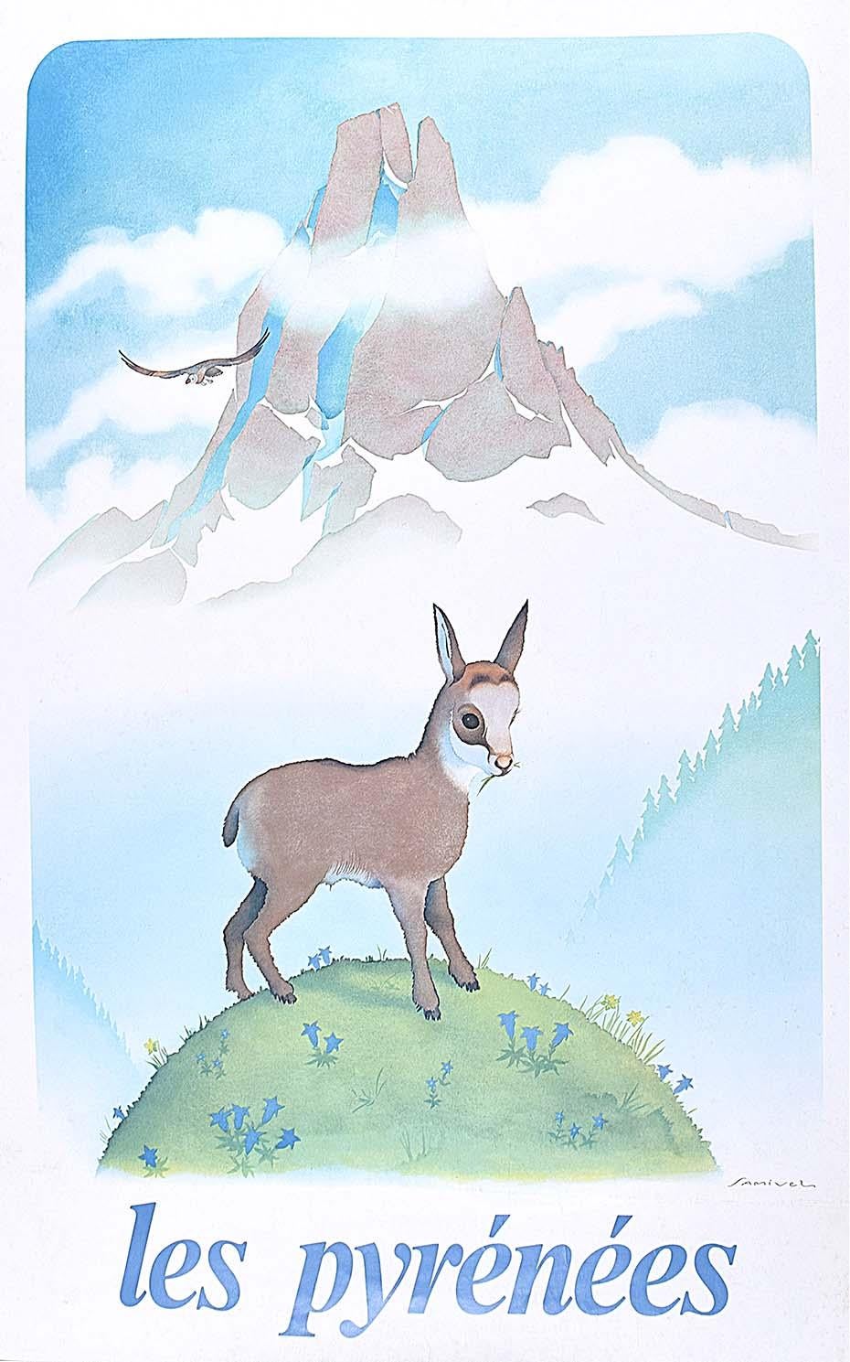 Samivel - Affiche de ski originale : Les Pyrnes France, montagnes françaises, chèvre et aigle 