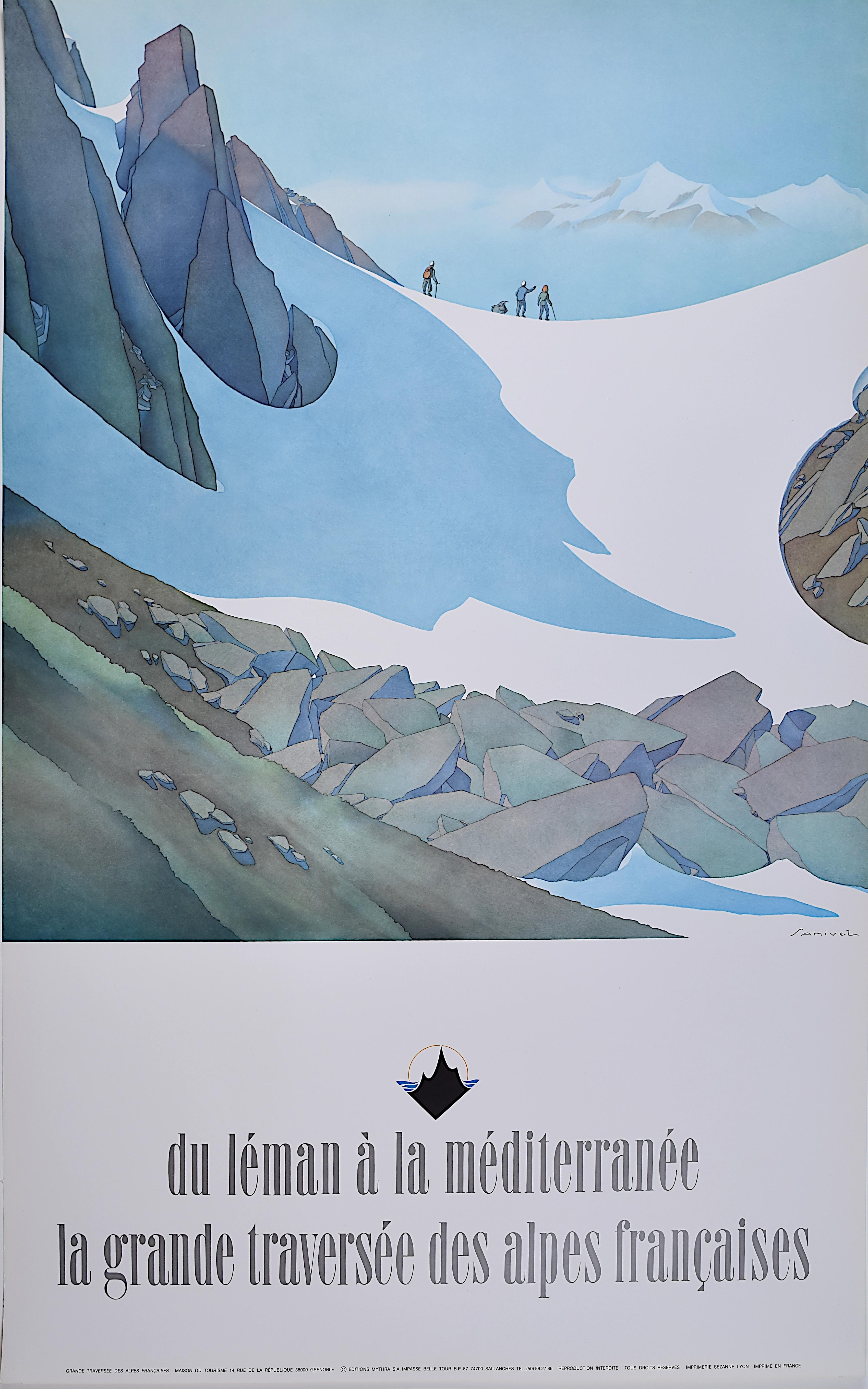 Samivel Paul Gayet-Tancrède  Landscape Print - Samivel original vintage French Alps skiing poster