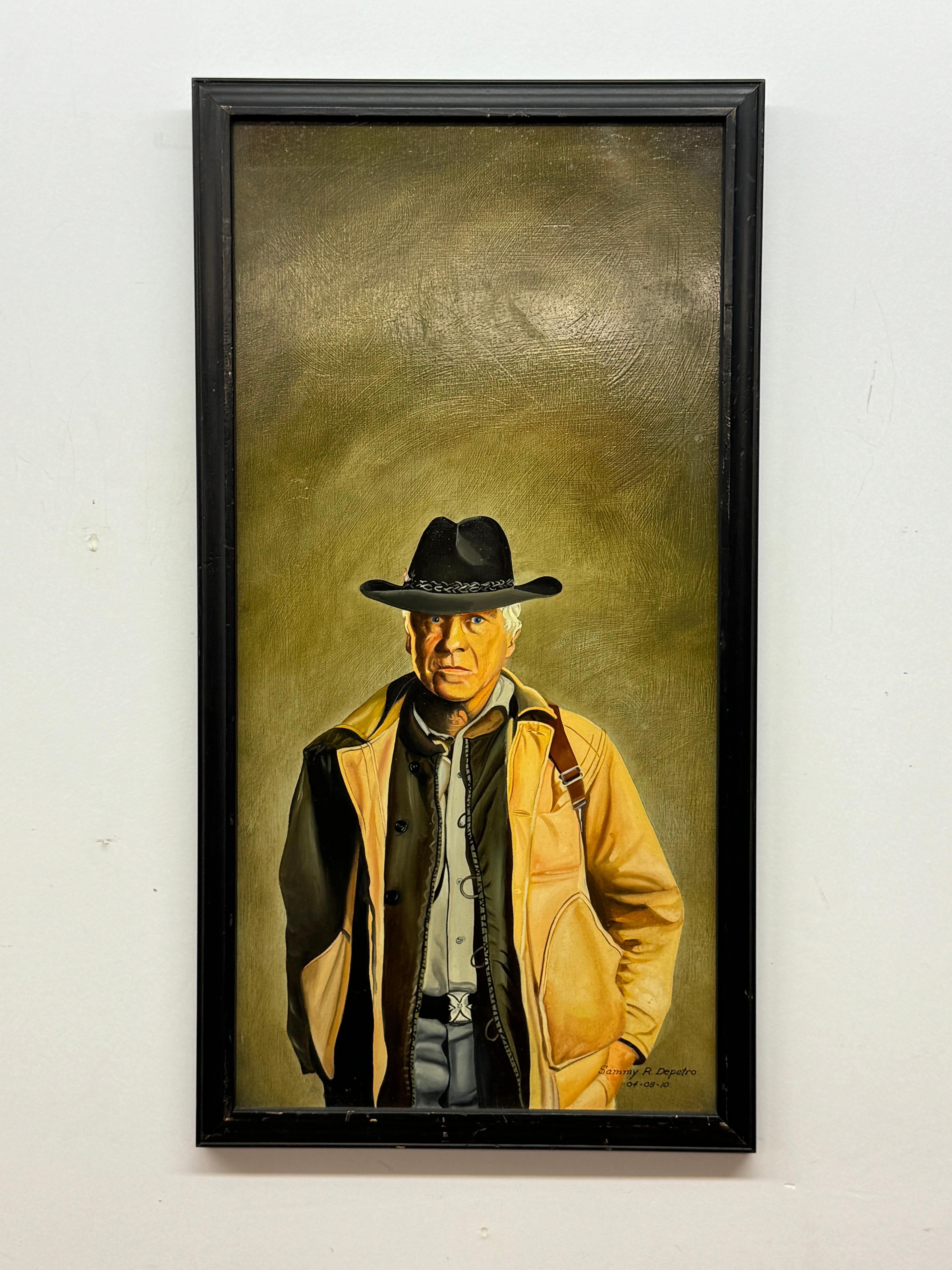 Sammy R Depetro, Portrait d'un gentleman de l'Ouest avec un chapeau de cow-boy

2010 
 
Huile sur toile

10 x 20 sans cadre, 11,25 x 21,25 avec cadre
