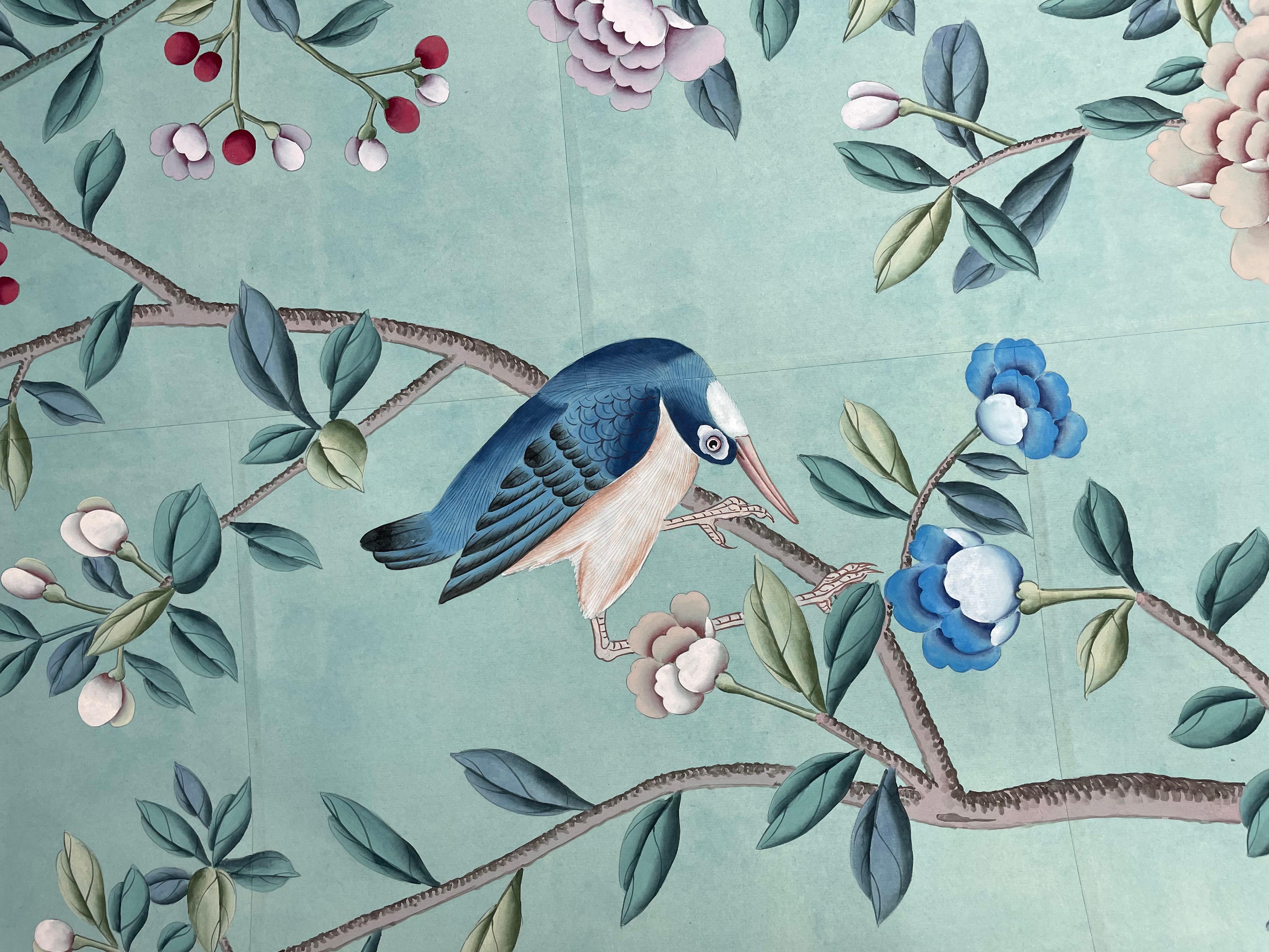 Hand-Painted Sample for Chinoiserie Wallpaper Hand Painted Wallpaper on Tea Paper For Sale