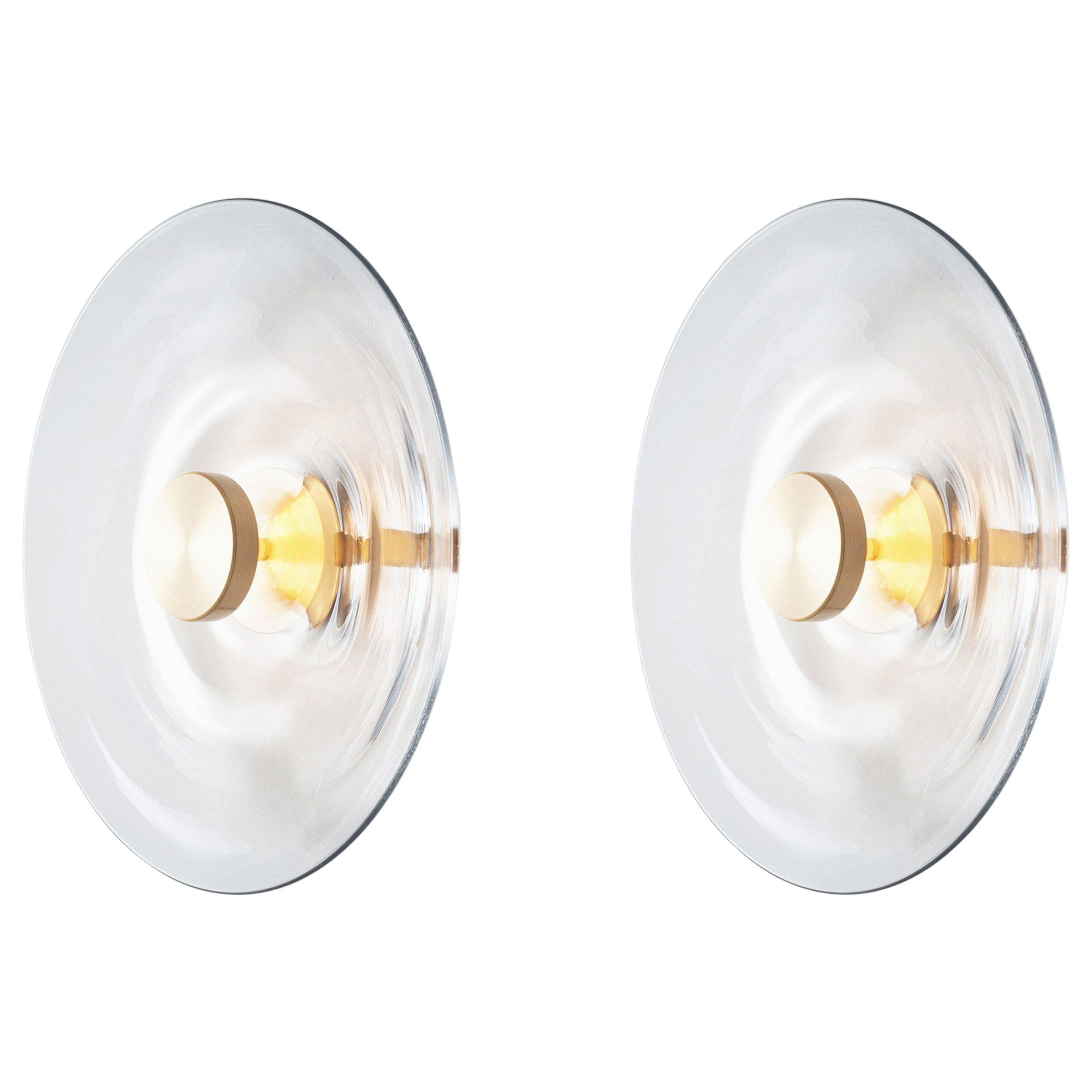 Sample Pair, 'Liquid Clear' Glass and Brass Contemporary Wall Light Sconce