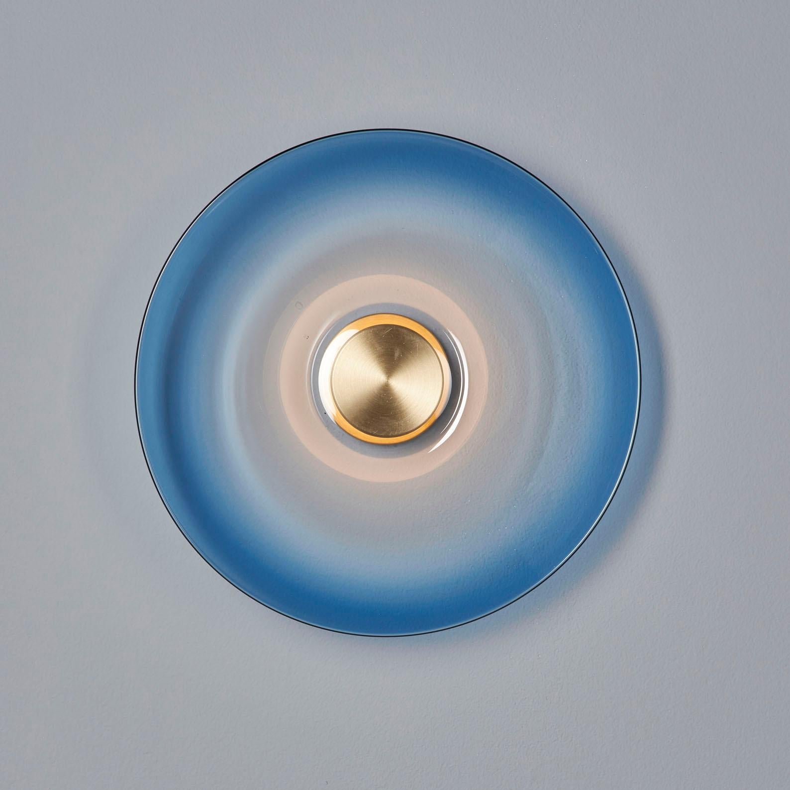 Organic Modern Sample Pair, 'Liquid Ocean' Blue Gradient Glass & Satin Brass Wall Light Sconce