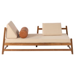 Sample, Pita Outdoors Daybed, Teak Wood, Off-White Denim and Leather