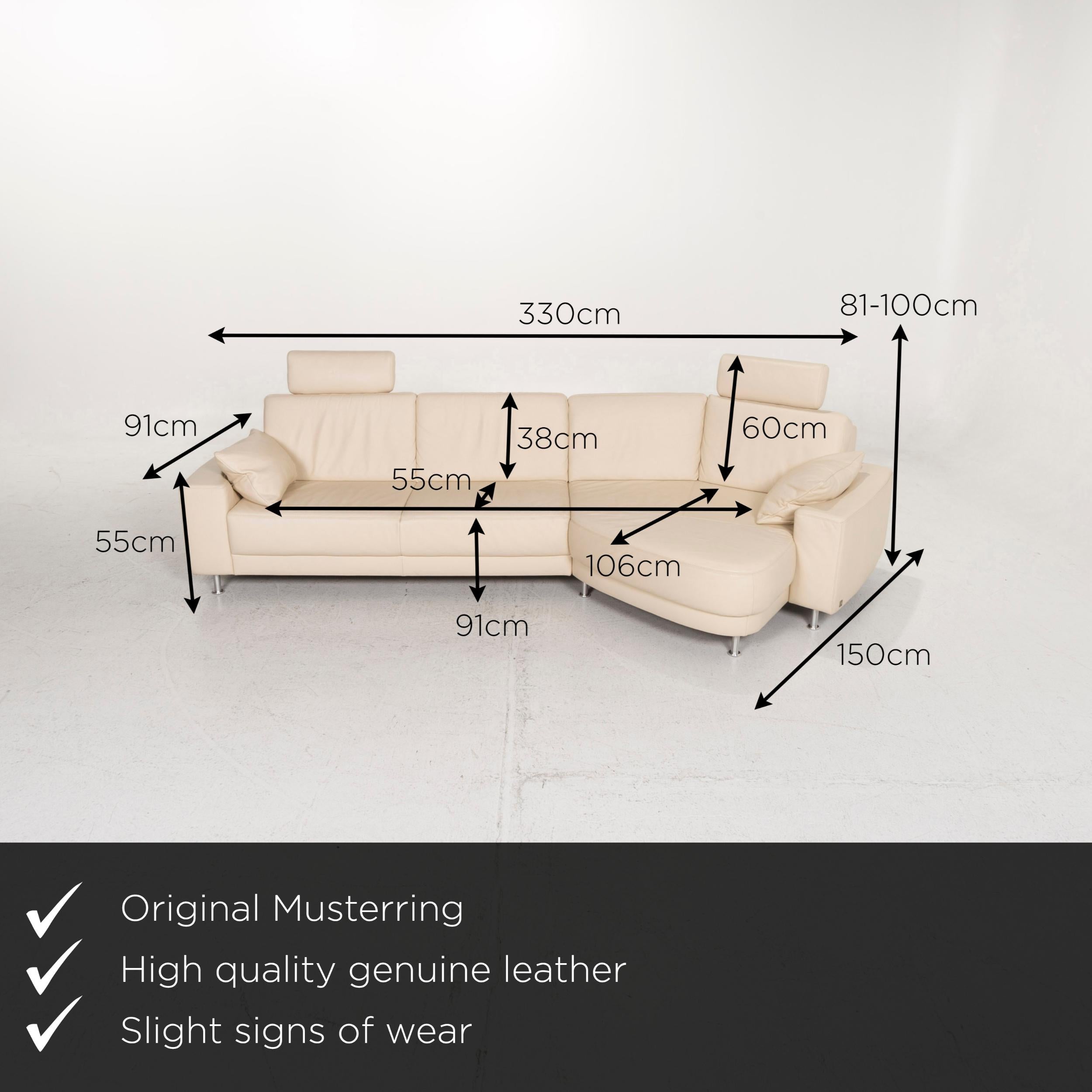 We present to you a sample ring leather sofa cream corner sofa.

 

 Product measurements in centimeters:
 

Depth 91
Width 330
Height 81
Seat height 42
Rest height 55
Seat depth 55
Seat width 227
Back height 38.
 