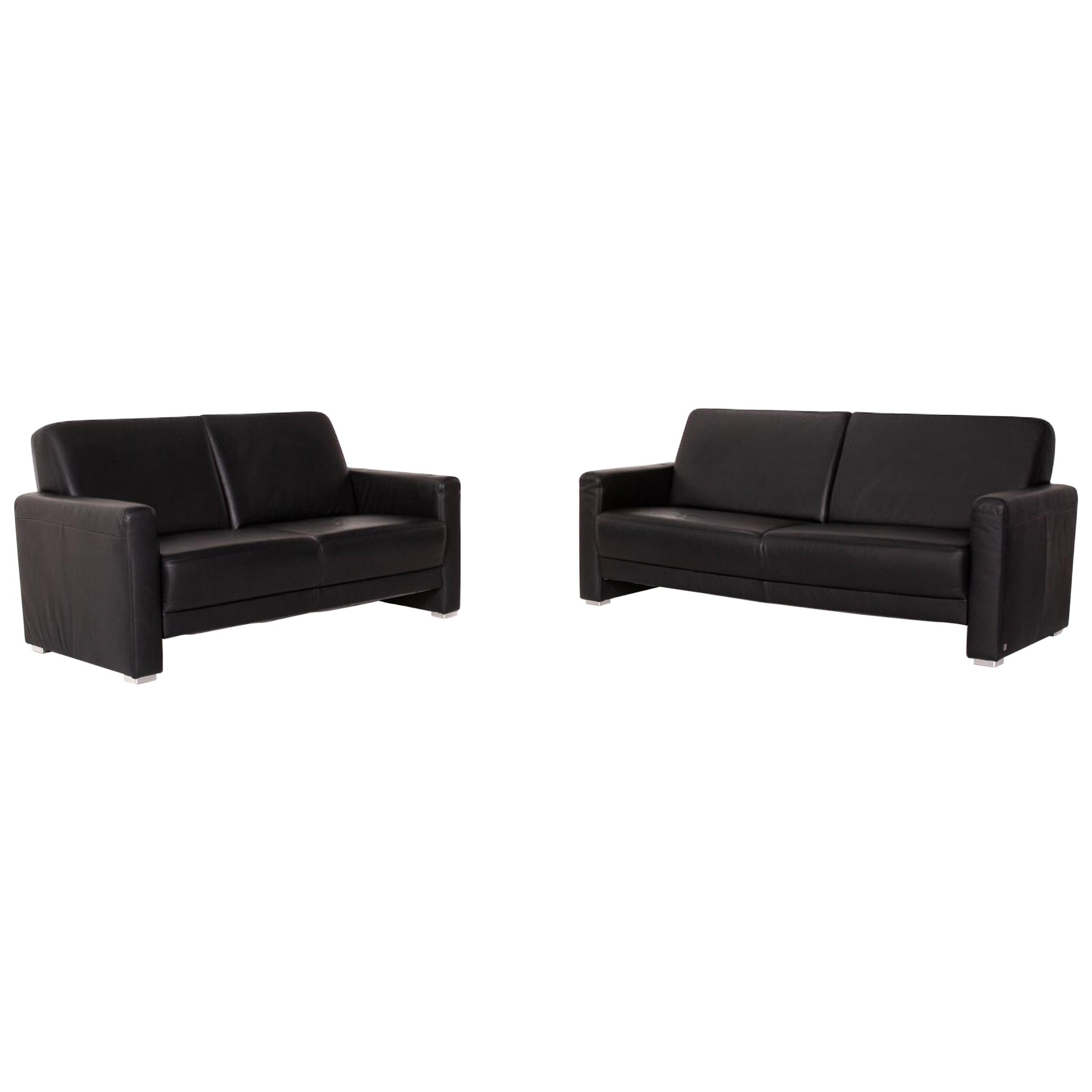 Sample Ring Leather Sofa Set Black 1 Three-Seat 1 Two-Seat Couch For Sale