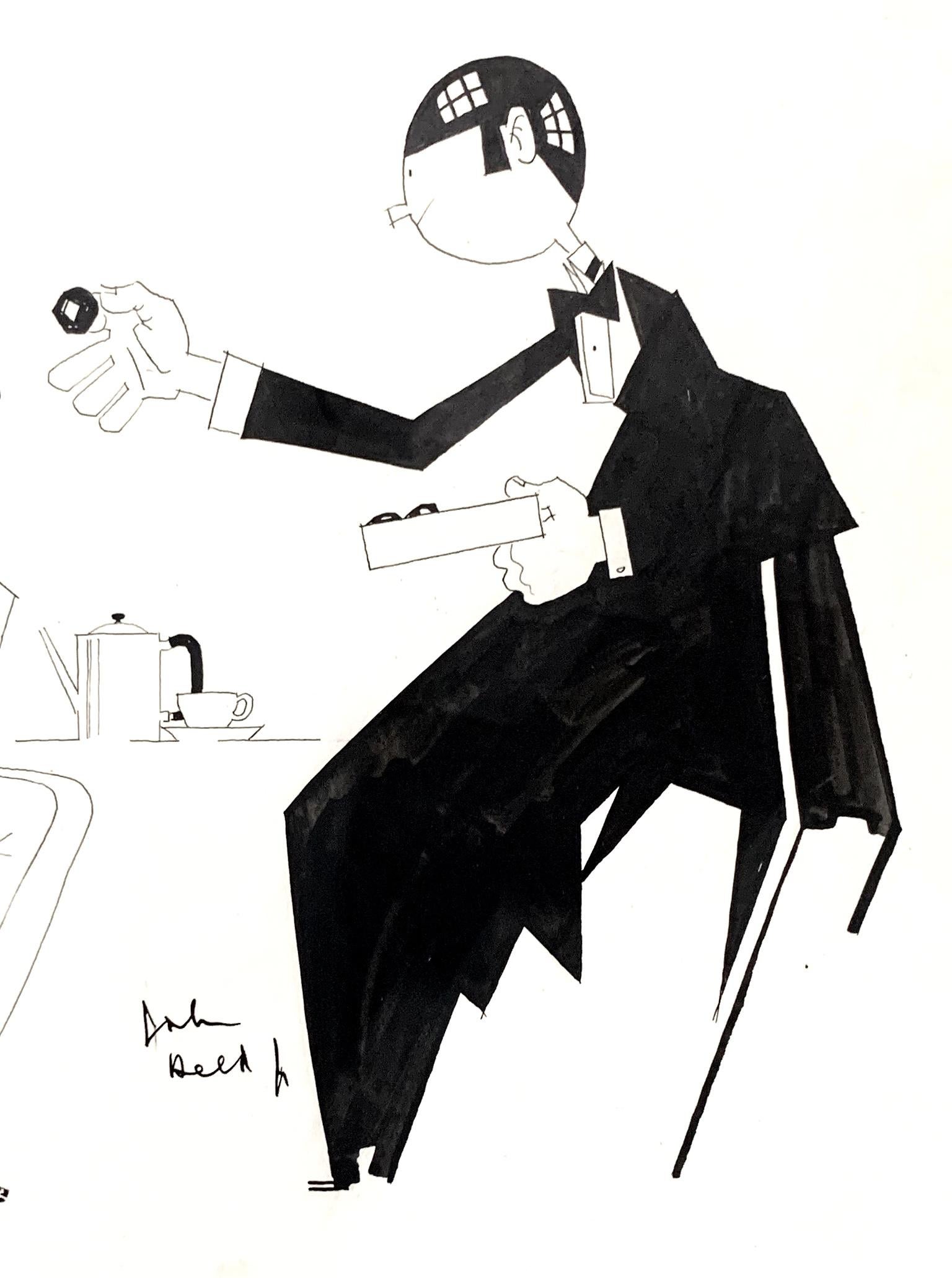 This original, signed drawing by John Held, Jr. -- whose artistry helped to define the Jazz Age and enliven the pages of America's most sophisticated magazines -- depicts a tuxedoed gentleman feeding a chocolate to a blindfolded flapper, all with