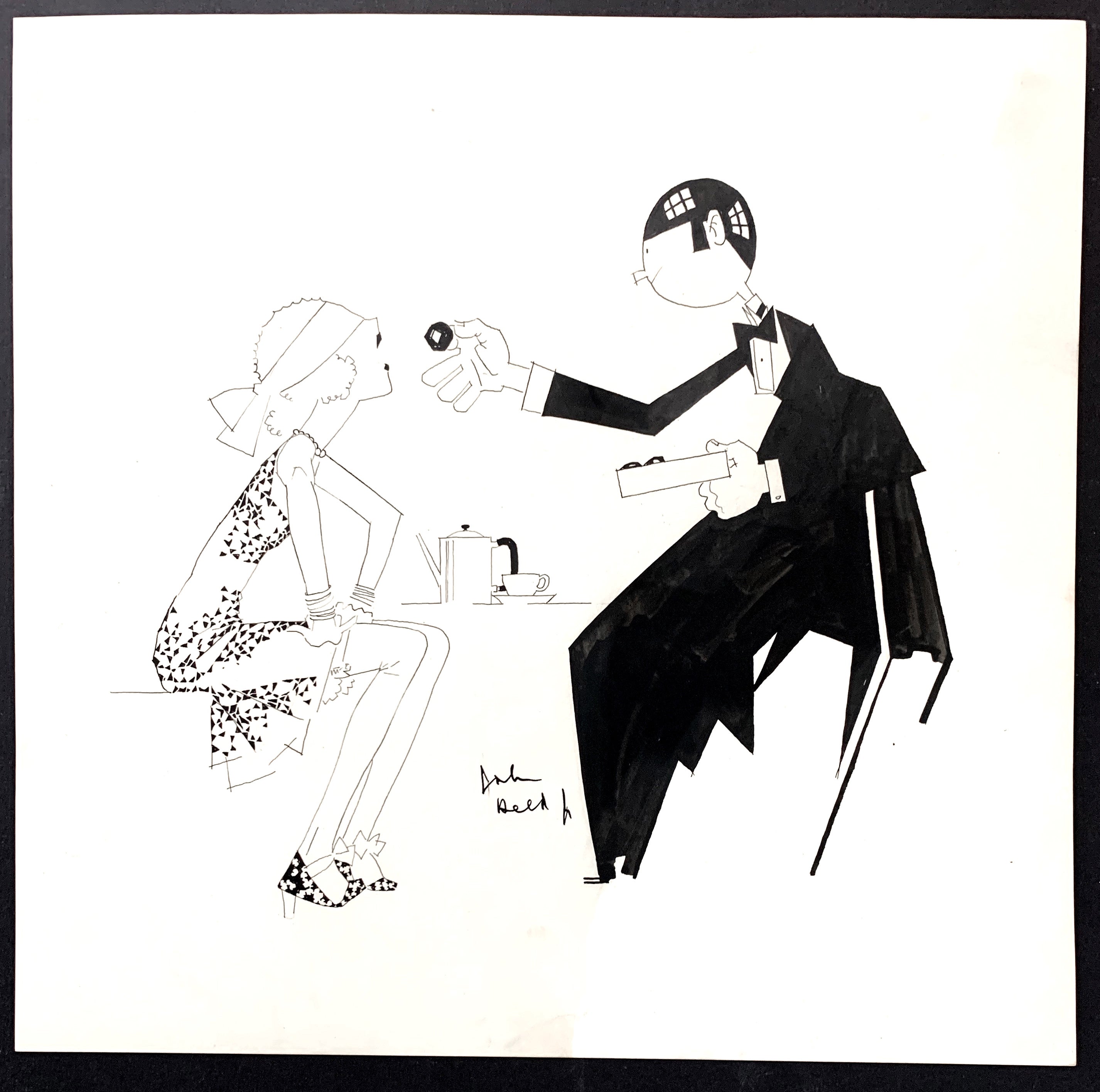 "Sampling Chocolates, " Quintessential Art Deco Drawing with Blindfolded Flapper For Sale