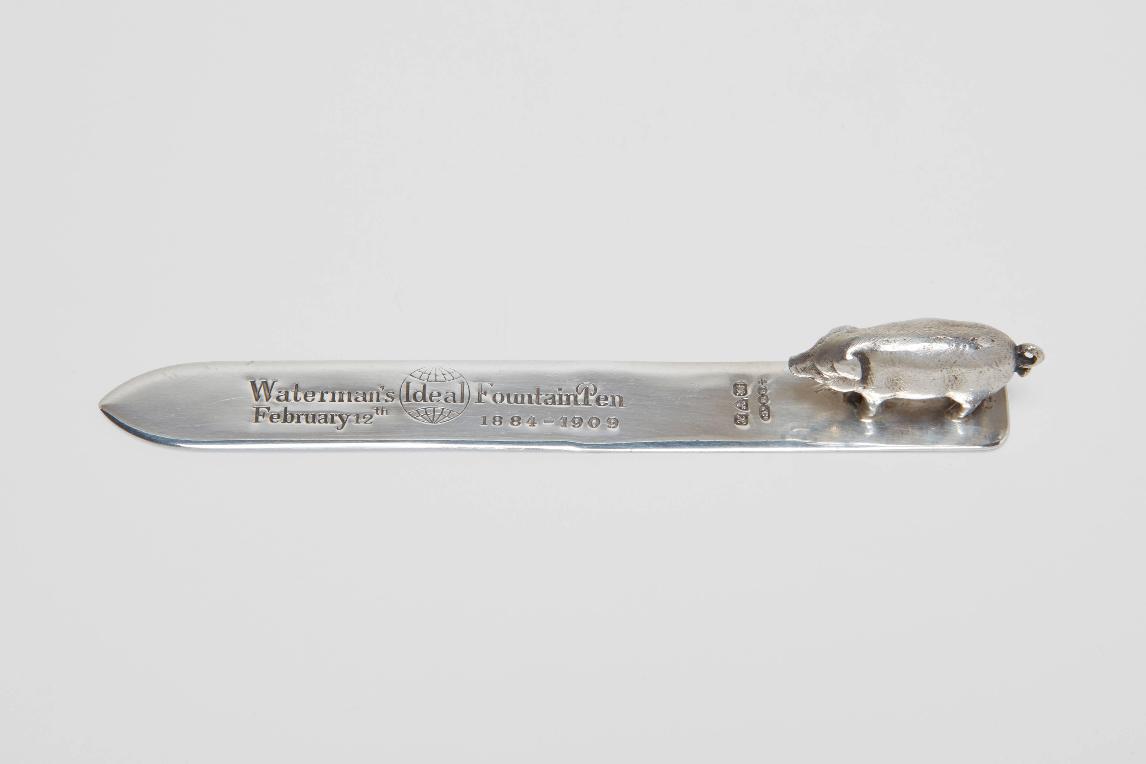 A sterling silver page turner, or letter opener featuring a pig. This is an exceptional piece, and very rare indeed, if not unique. Not only was it made by one of England's finest silversmith's; Sampson Mordan. 

It was also made to commemorate