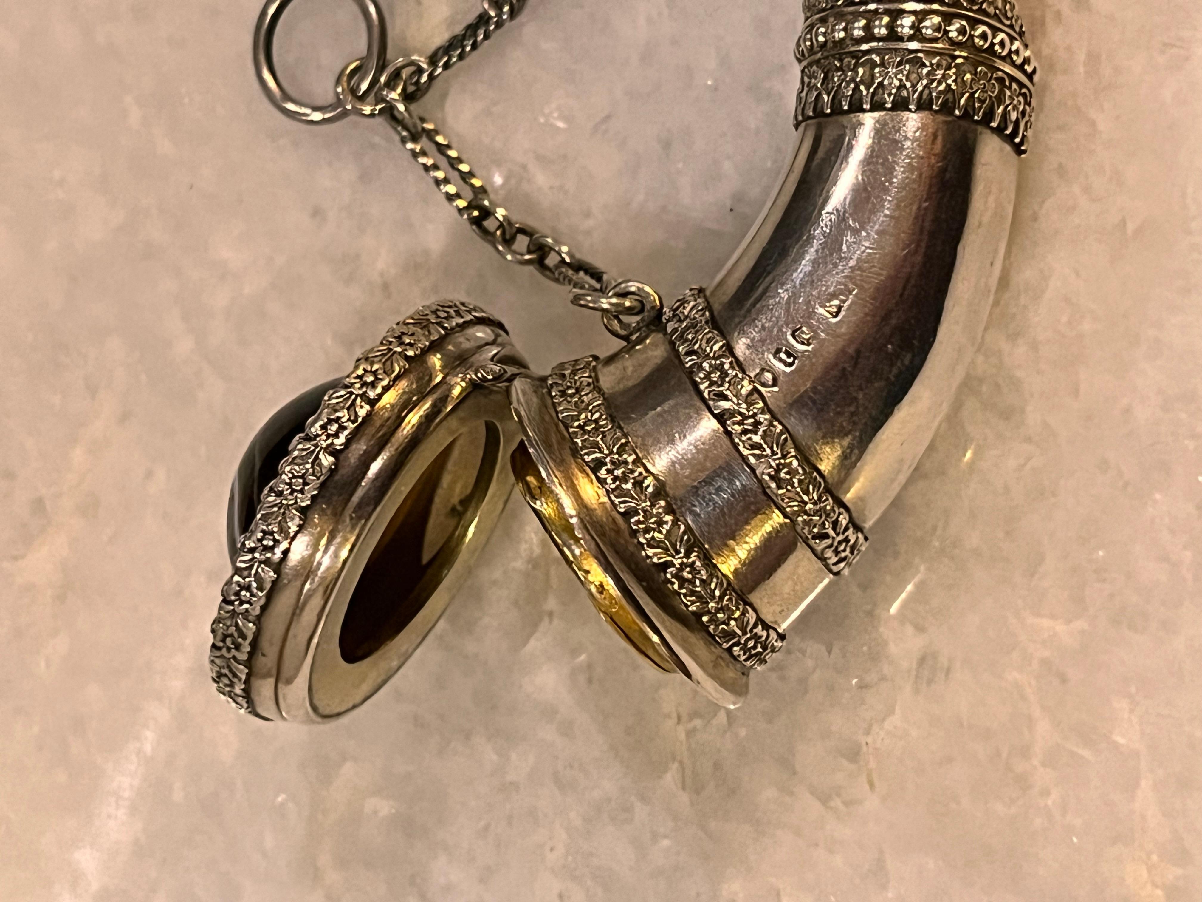 English Sampson Mordan. Victorian silver horn shaped combined vinaigrette & scent bottle