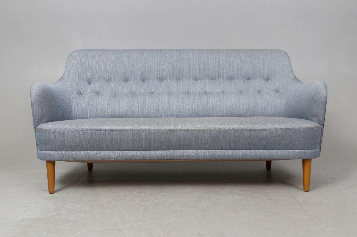 Elegant mid century three-seat “Samsas” sofa and armchair by Swedish designer Carl Malmsten. Cool curved arms and sturdy beech legs. Original upholstery with wear consistent with age and use, but what fun it would be to recover these in your fabric