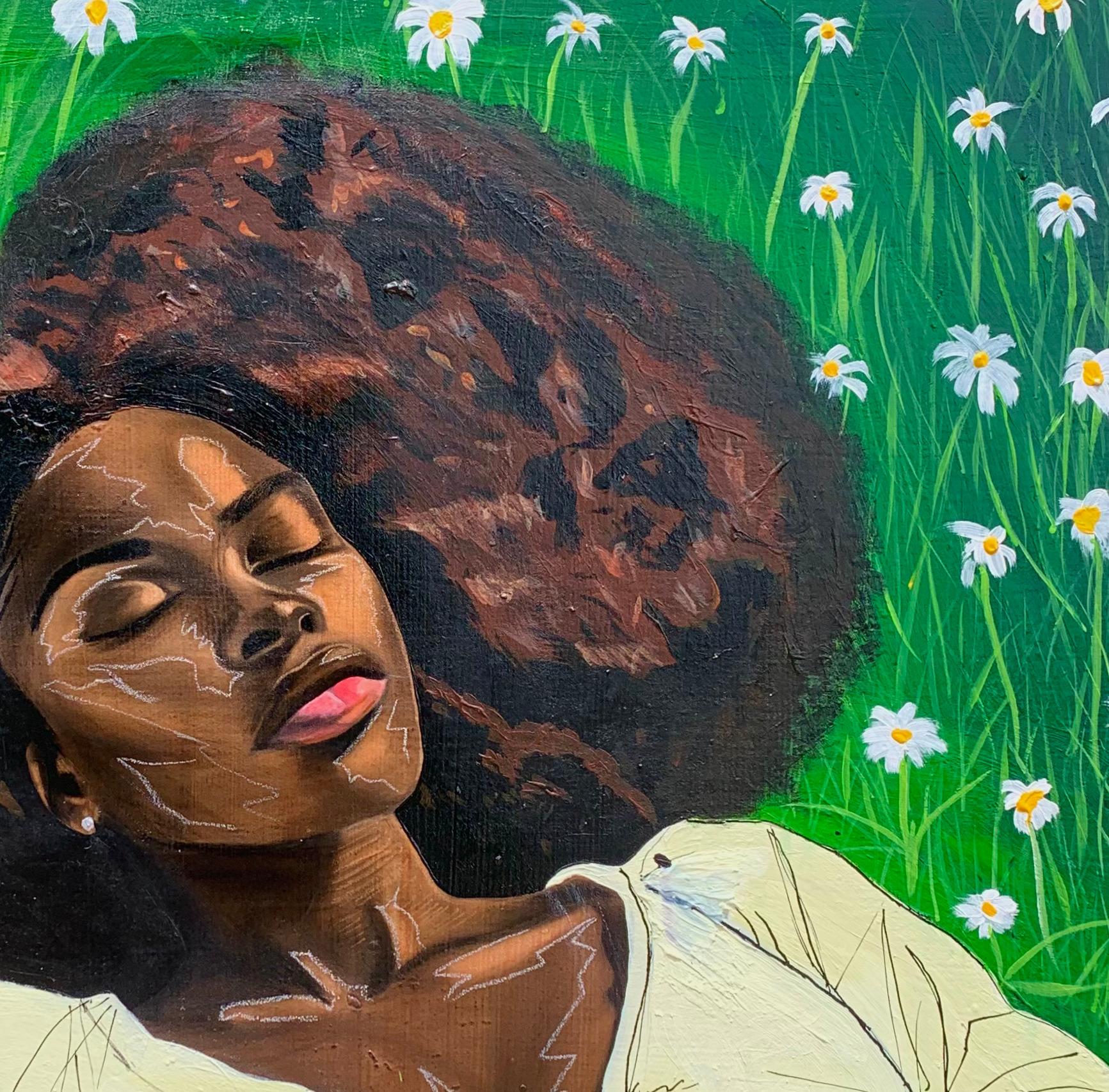 En La quietud - Siglo XXI Contemporáneo, Retrato figurativo, Verde, Mujer - Figurative Painting Negro de Samson Adetunji