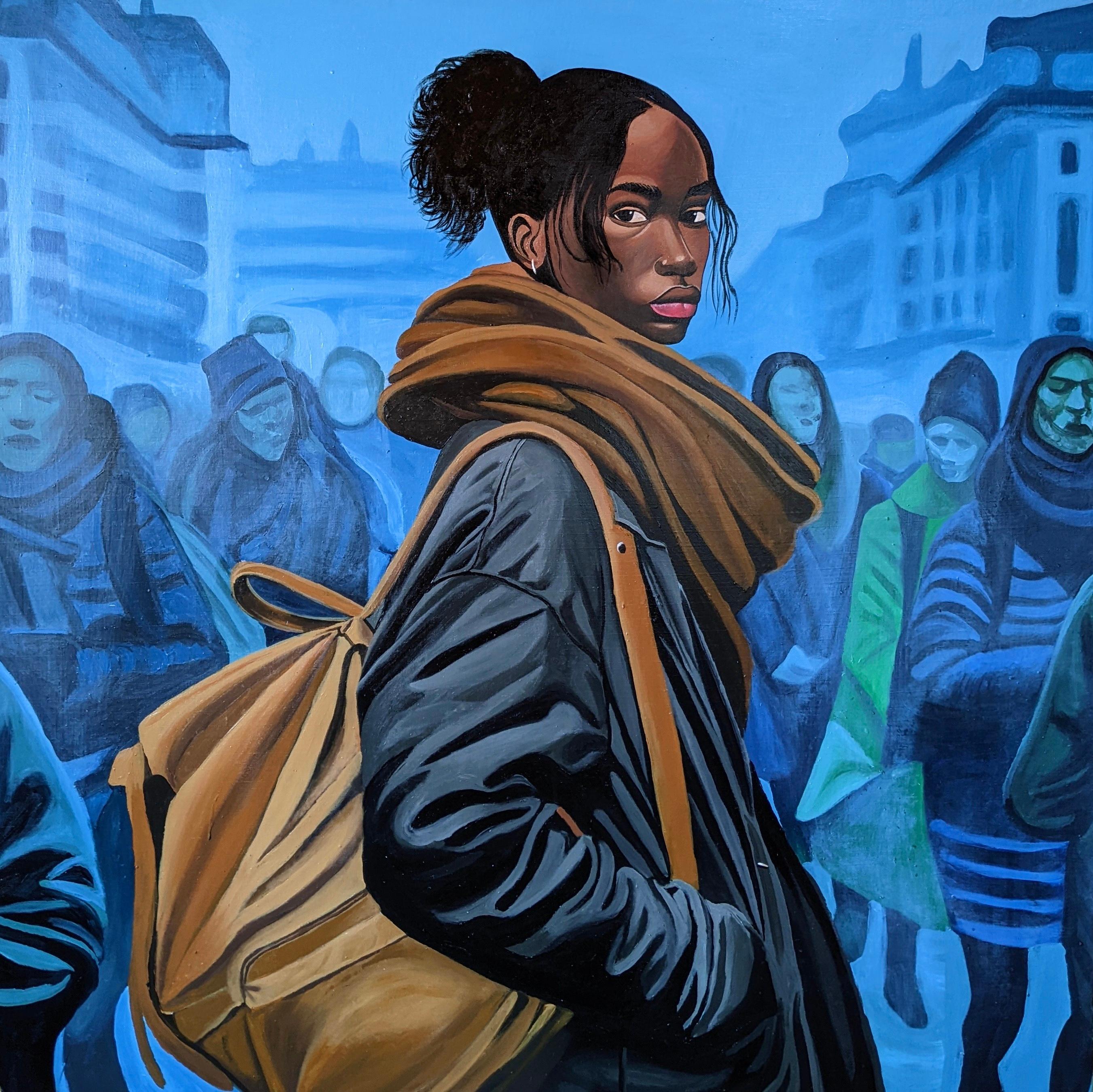 Figurative Painting de Samson Adetunji - Ahora que estamos aquí - Siglo XXI, Contemporáneo, Retrato figurativo, Mujer