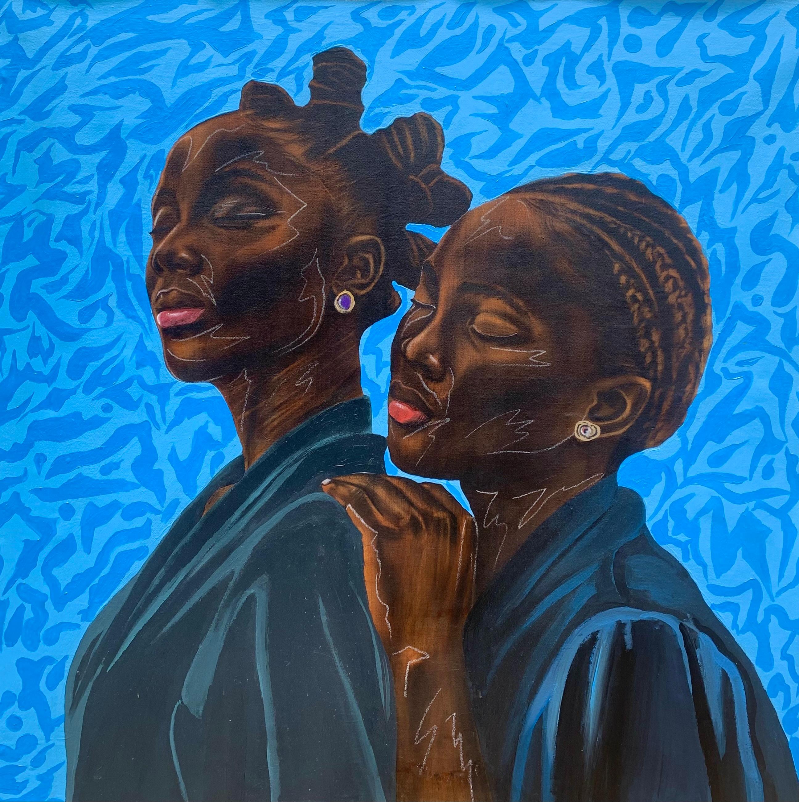 Friedliche Synergie - 21. Jahrhundert, Zeitgenössisch, Porträt, Afrika Frauen, Blau