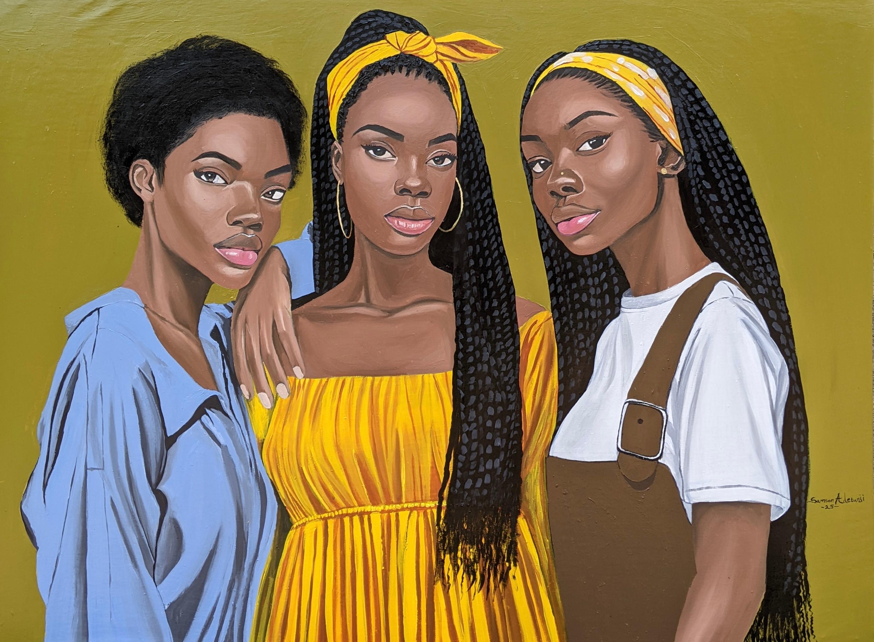 Threefold Harmony - 21° secolo, Contemporaneo, Ritratto figurativo, Donne, Amore - Painting di Samson Adetunji