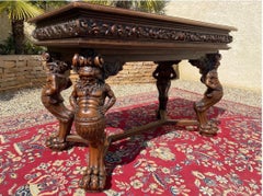 Samson and the Lion, Renaissance Style Carved Walnut Center Table 19th Century